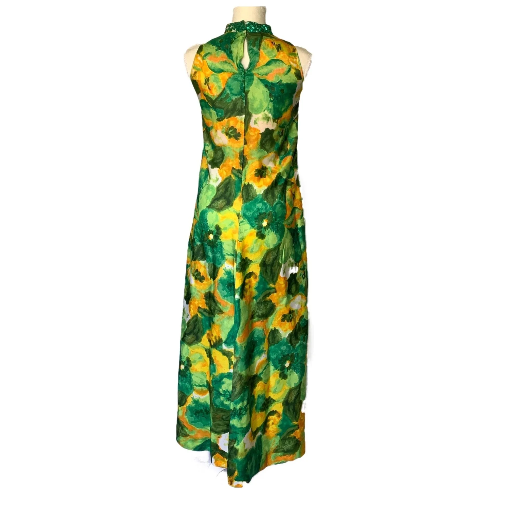 1960s Floral Maxi Dress with Green and Yellow Flowers by Reef. Perfect Tropical Summer Dress