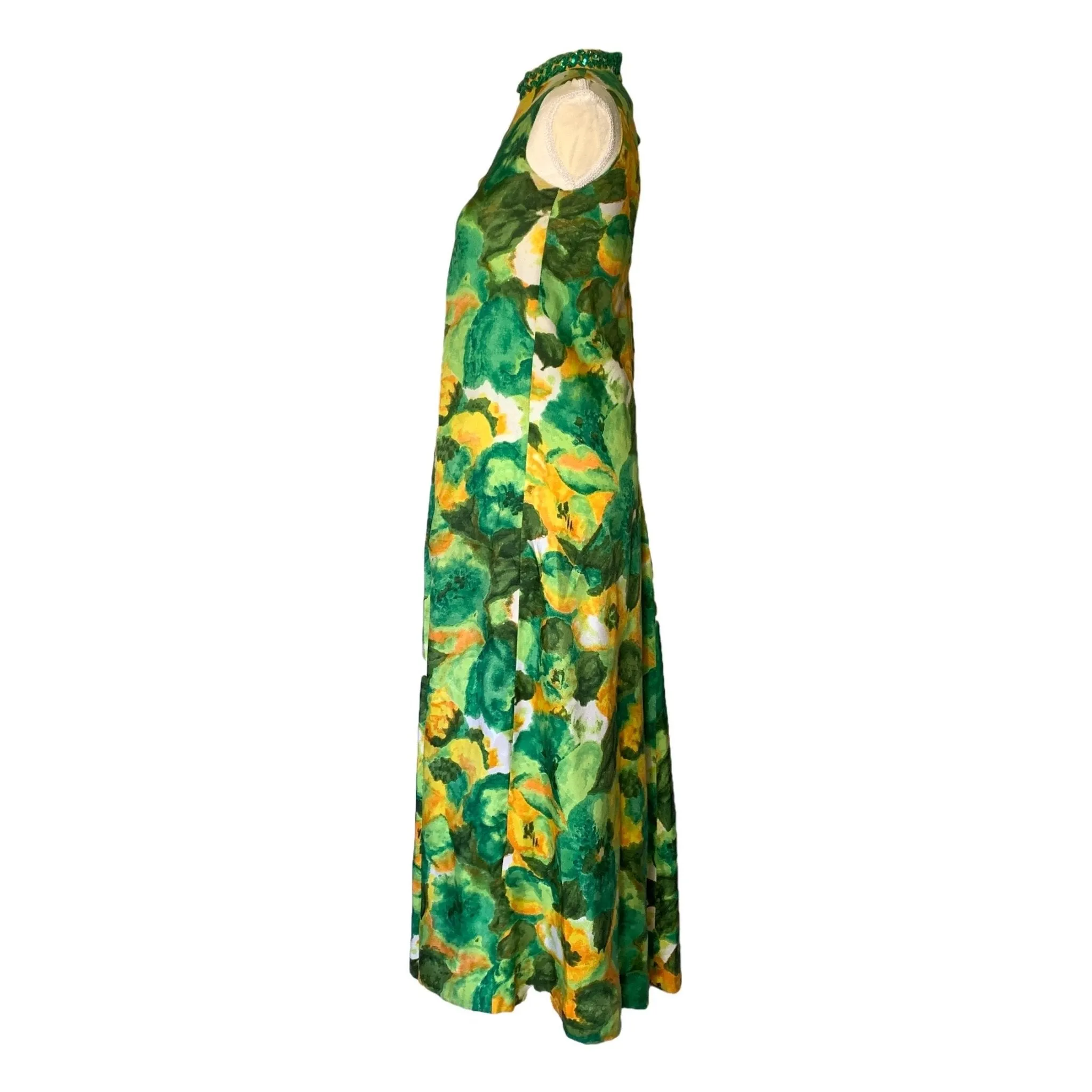 1960s Floral Maxi Dress with Green and Yellow Flowers by Reef. Perfect Tropical Summer Dress