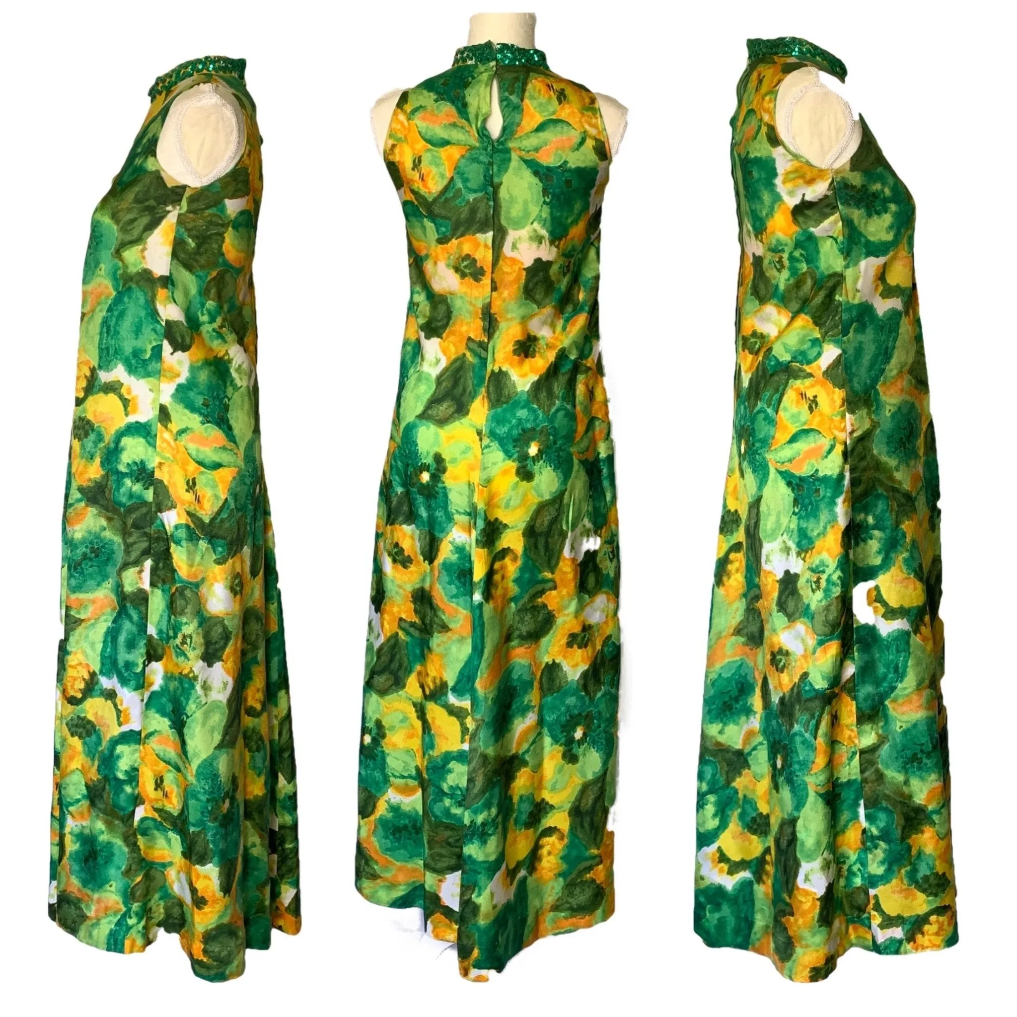 1960s Floral Maxi Dress with Green and Yellow Flowers by Reef. Perfect Tropical Summer Dress