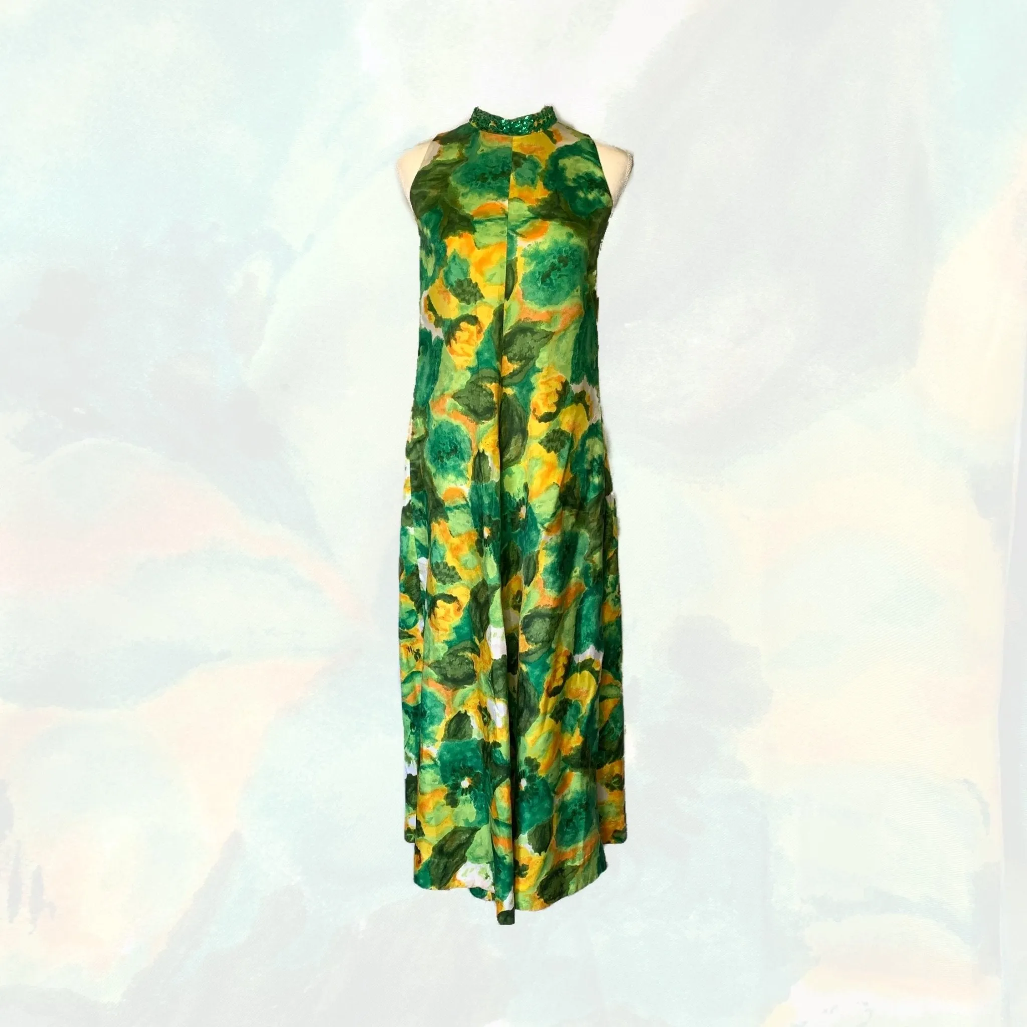 1960s Floral Maxi Dress with Green and Yellow Flowers by Reef. Perfect Tropical Summer Dress