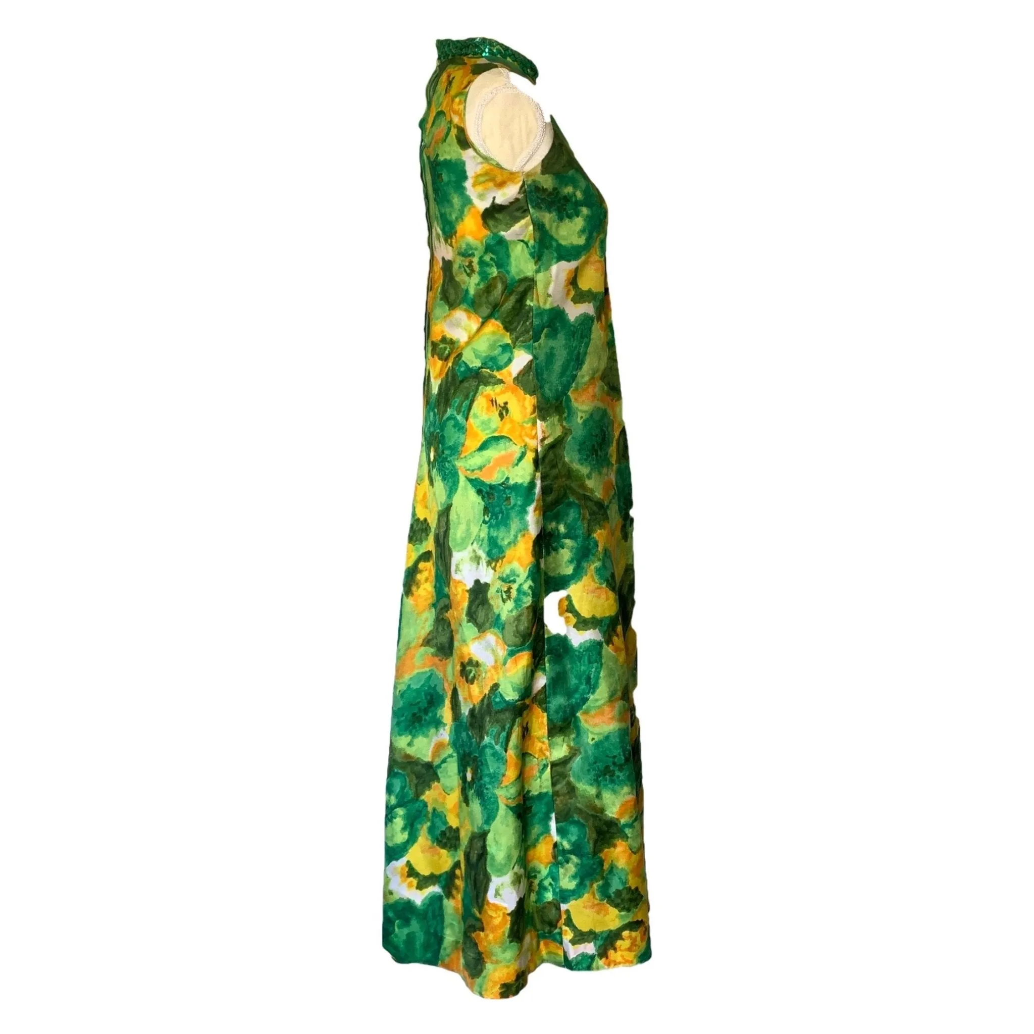 1960s Floral Maxi Dress with Green and Yellow Flowers by Reef. Perfect Tropical Summer Dress