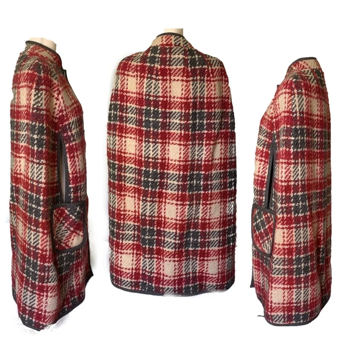 1960s Wool Poncho Cape in a Red and Gray Plaid. Stylish and Warm Vintage Outerwear Coat.