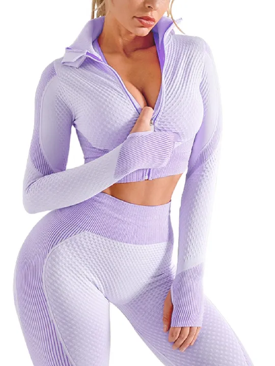 2 piece Zipper Long Sleeve Patchwork Set