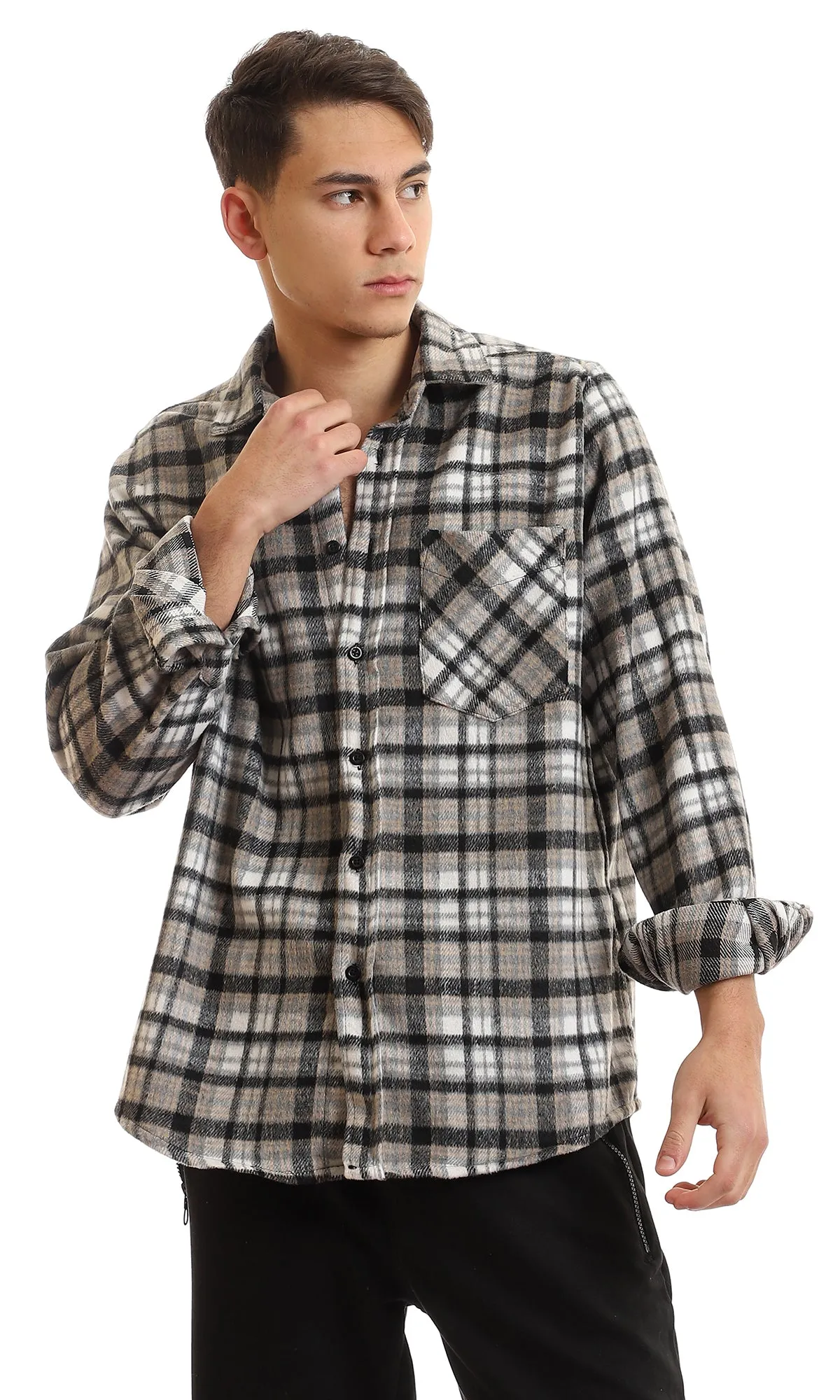 95995 Cotton Checkered Side Left Pocket Shirt - Black & Beige