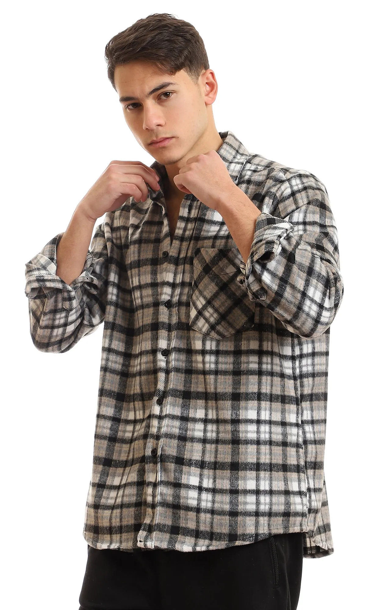 95995 Cotton Checkered Side Left Pocket Shirt - Black & Beige