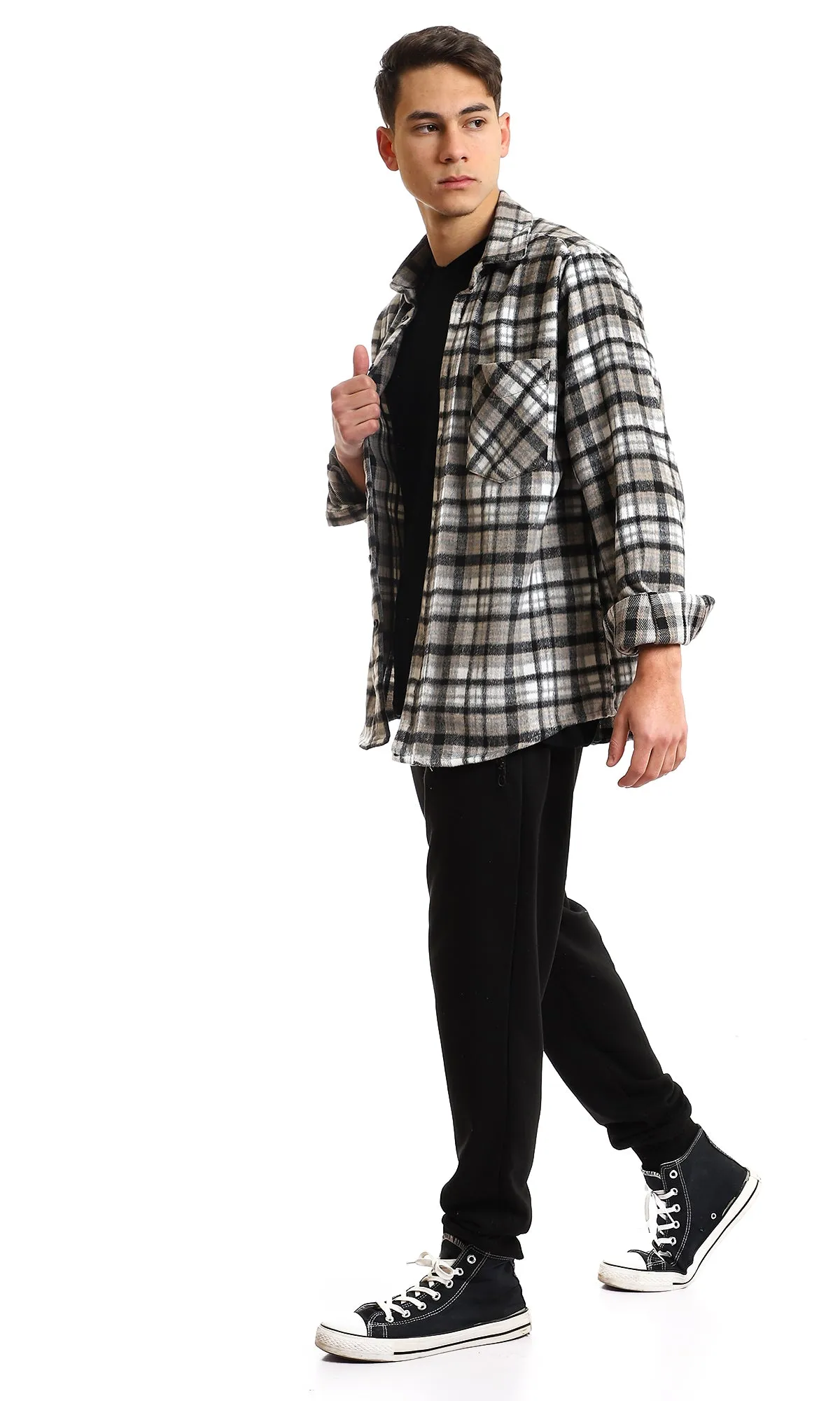 95995 Cotton Checkered Side Left Pocket Shirt - Black & Beige