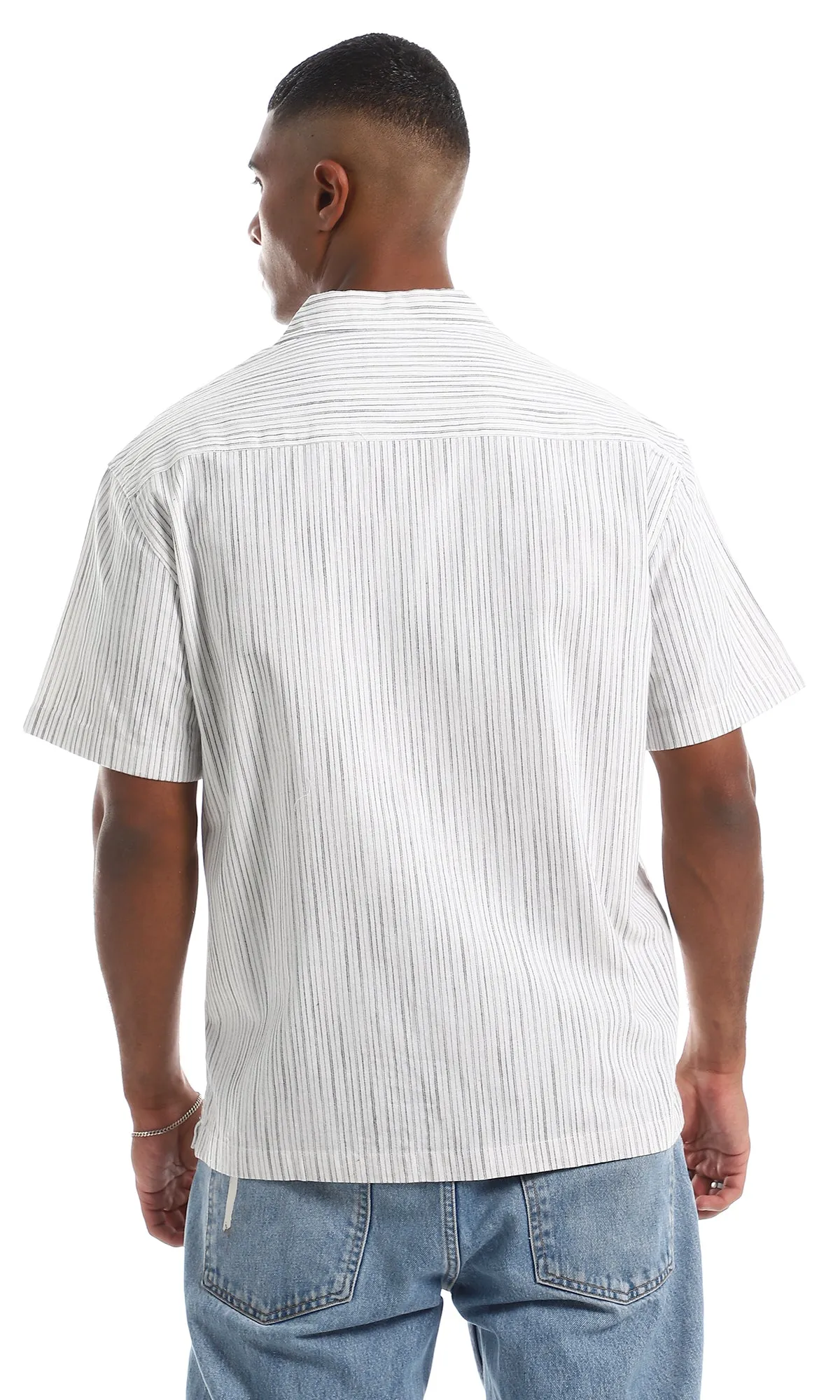 97876 Stripe Patterned Short Sleeves White & Black Button Down Shirt