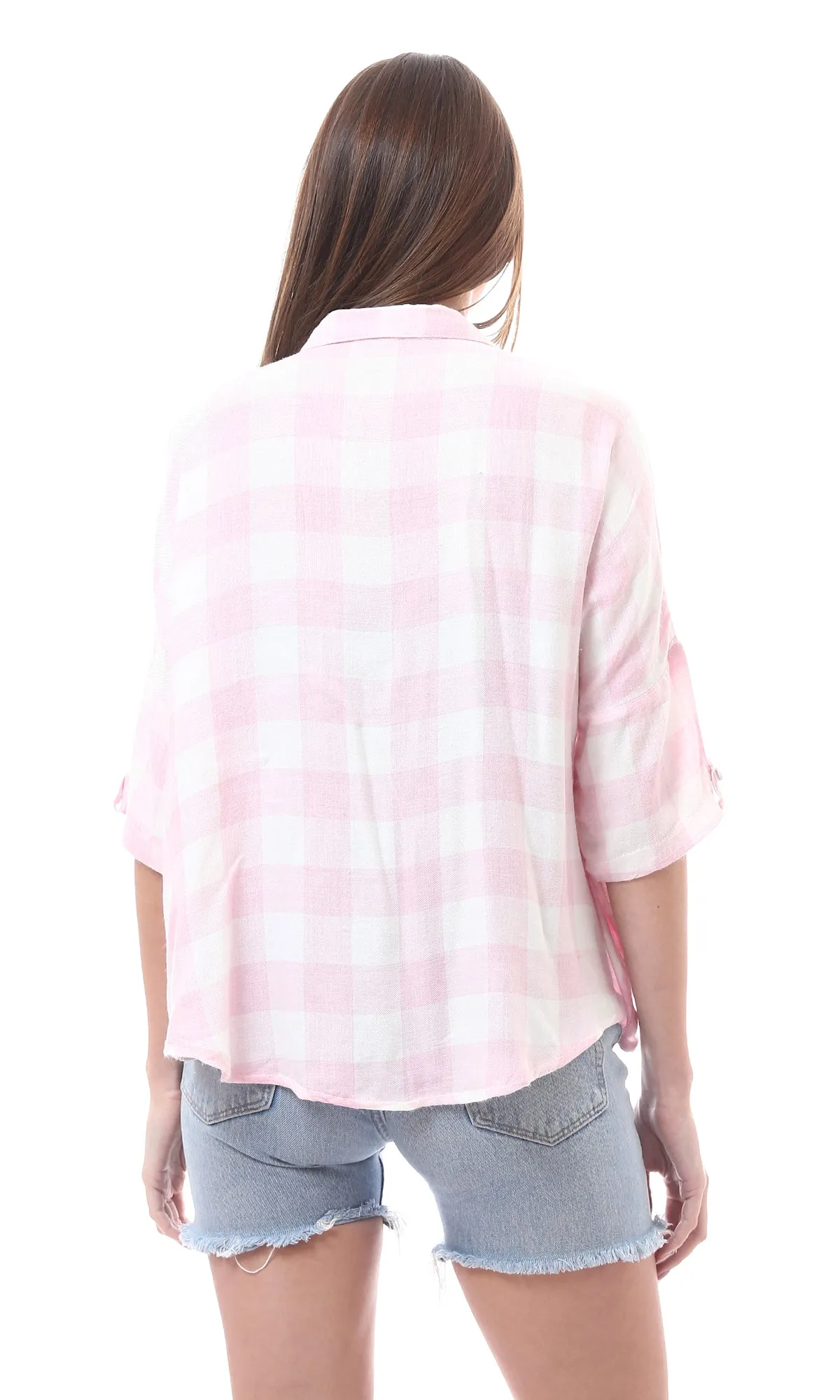 98145 Elbow-Sleeves Buttons Down Plaids Shirt - Pink & White