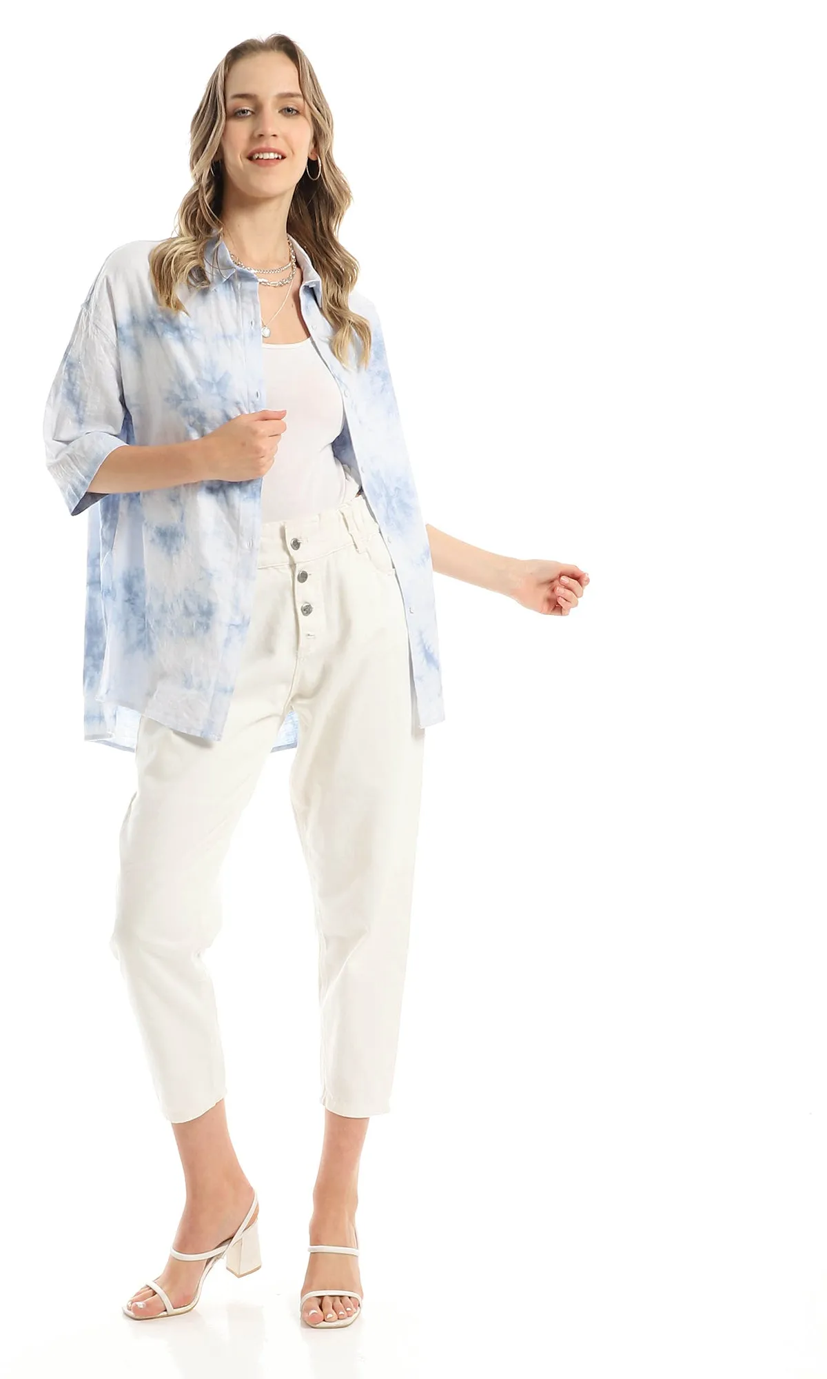 98936 Tie Dye Over Sized Self Patterned Light Blue Shirt