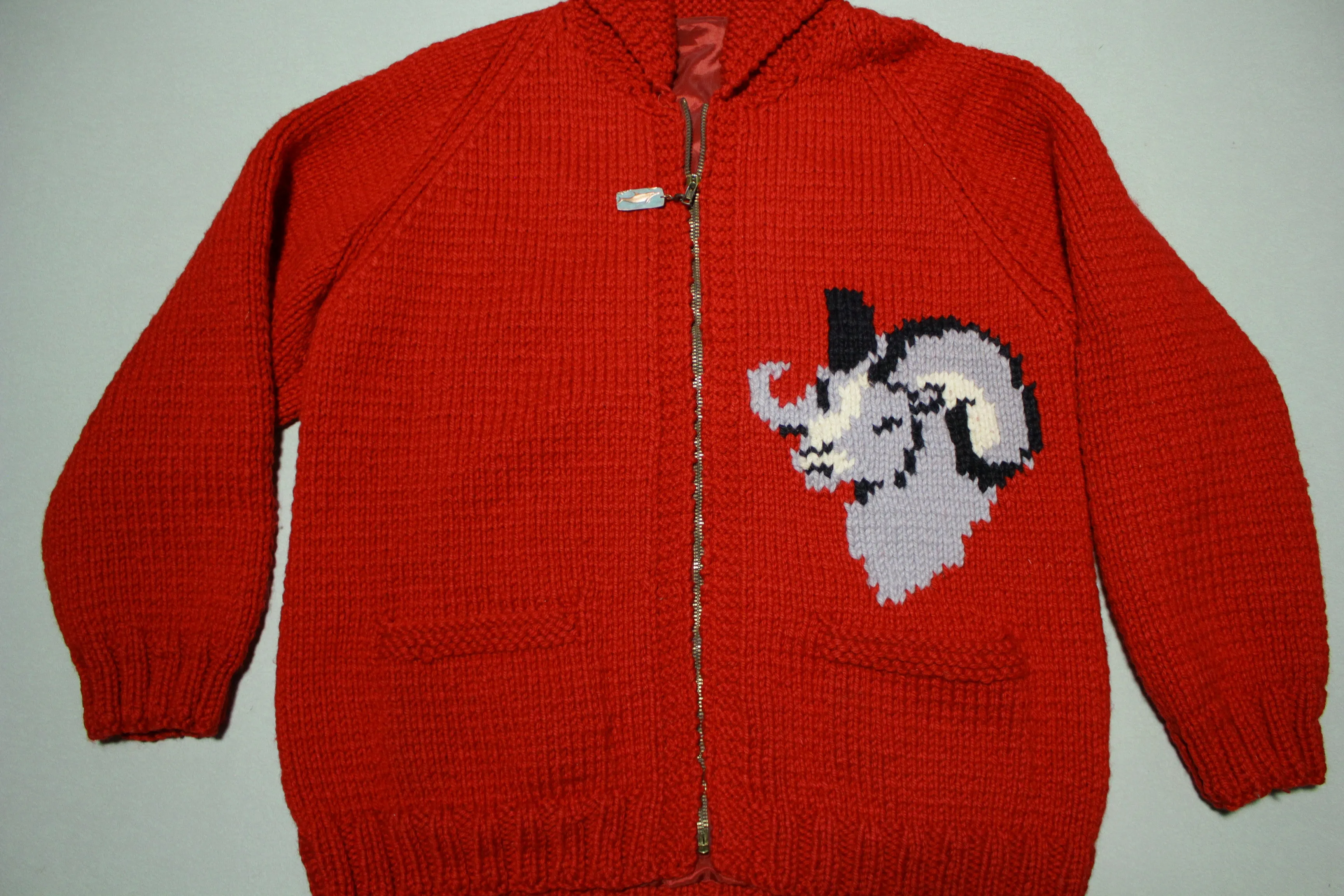 Alaska Cowichan Vintage Hand Knit Zip Front Cardigan Sweater Dahl Ram Sheep