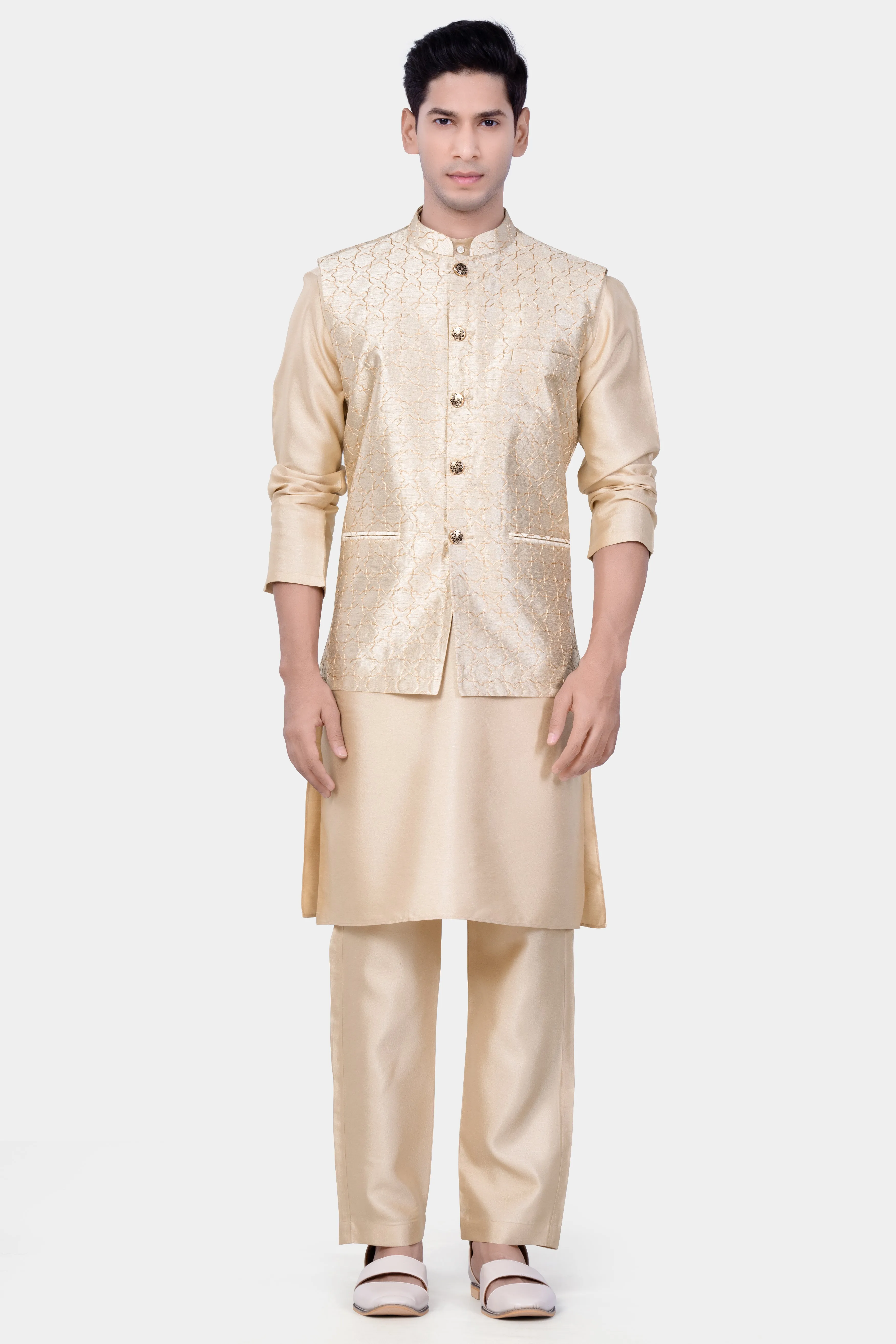 Almond Brown Kurta Set With Pearl Bush Cream hexagon Designer Embroidered Nehru Jacket