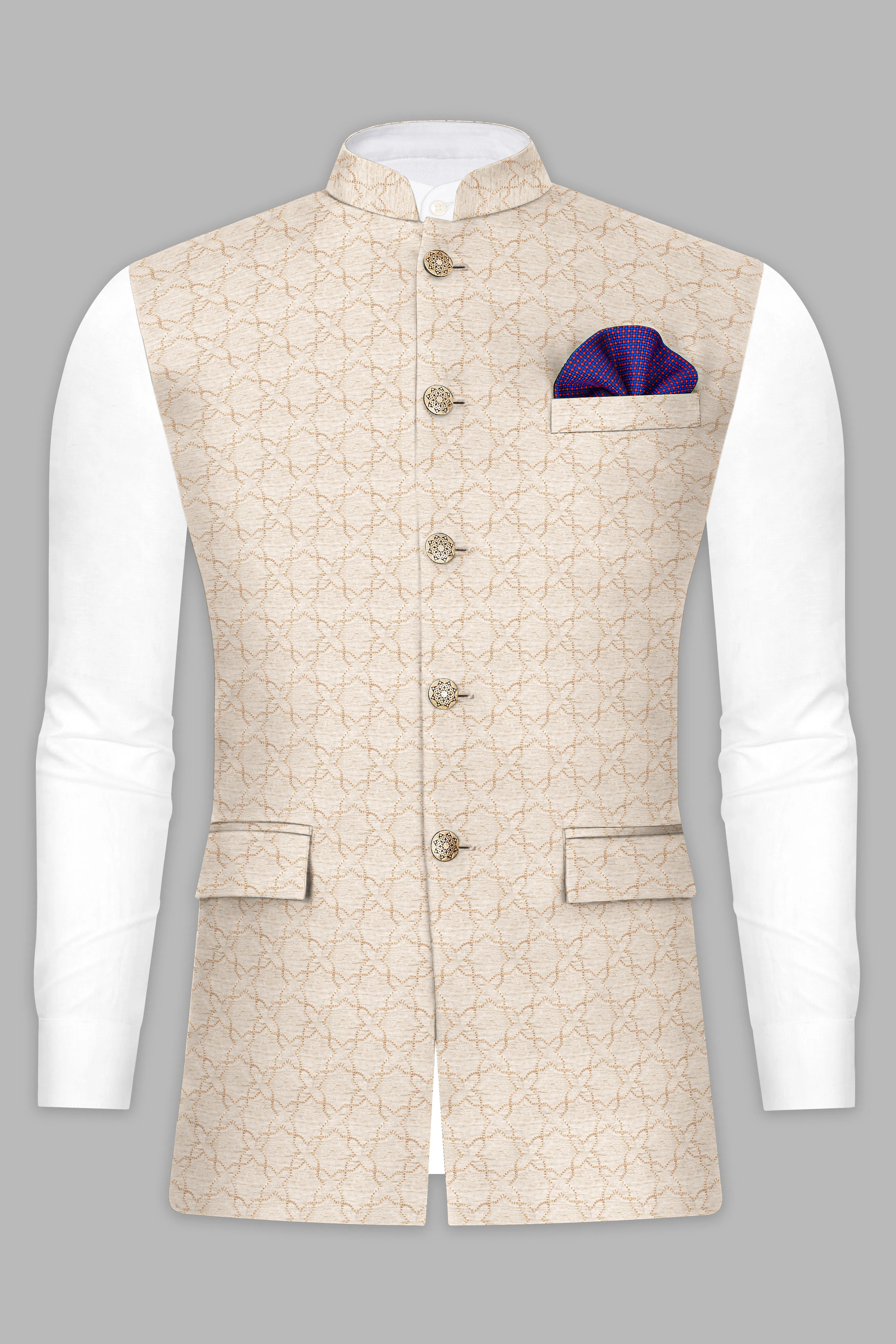 Almond Brown Kurta Set With Pearl Bush Cream hexagon Designer Embroidered Nehru Jacket