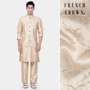 Almond Brown Kurta Set With Pearl Bush Cream hexagon Designer Embroidered Nehru Jacket