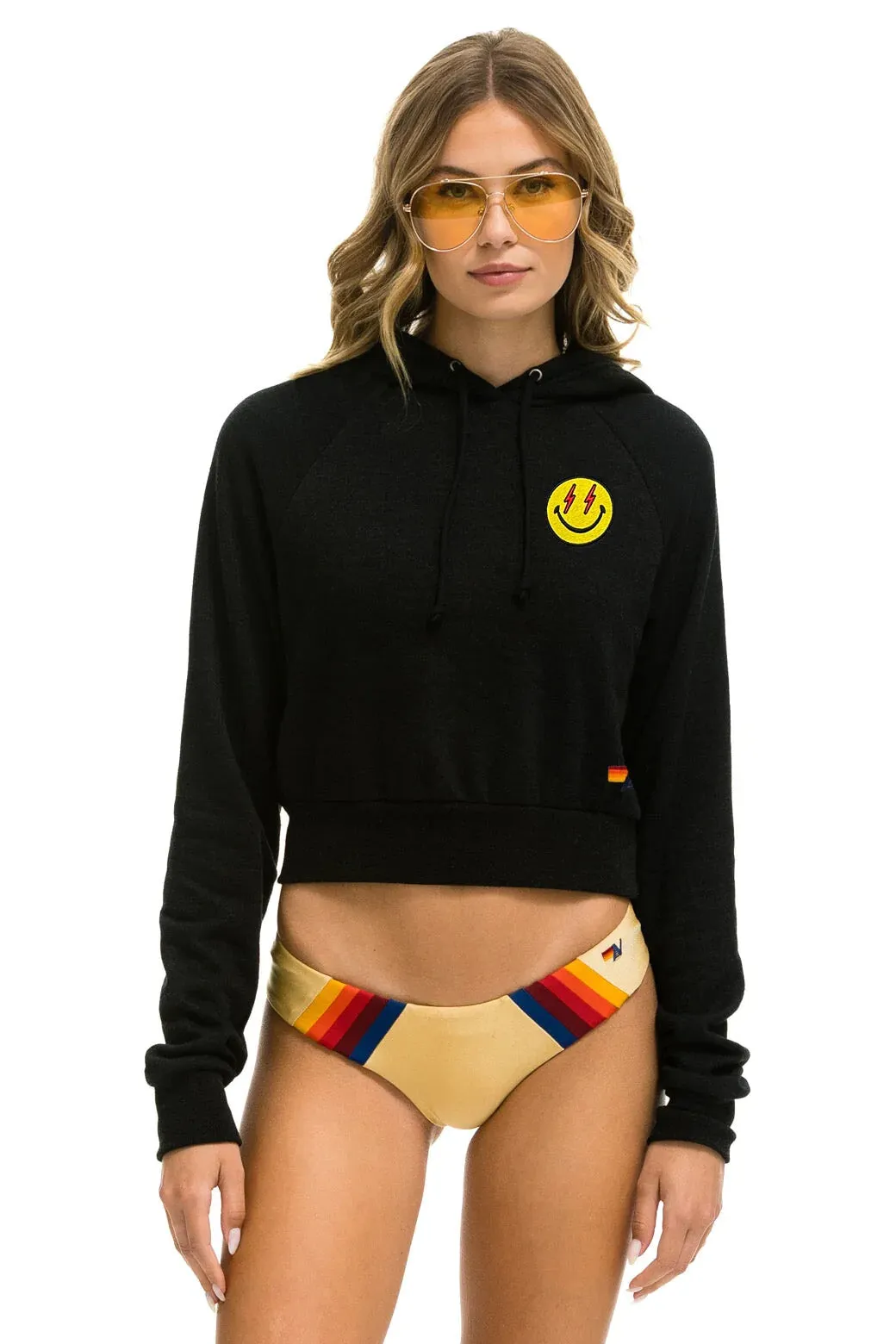 Aviator Nation SMILEY BOLT EYES CROPPED HOODIE - BLACK