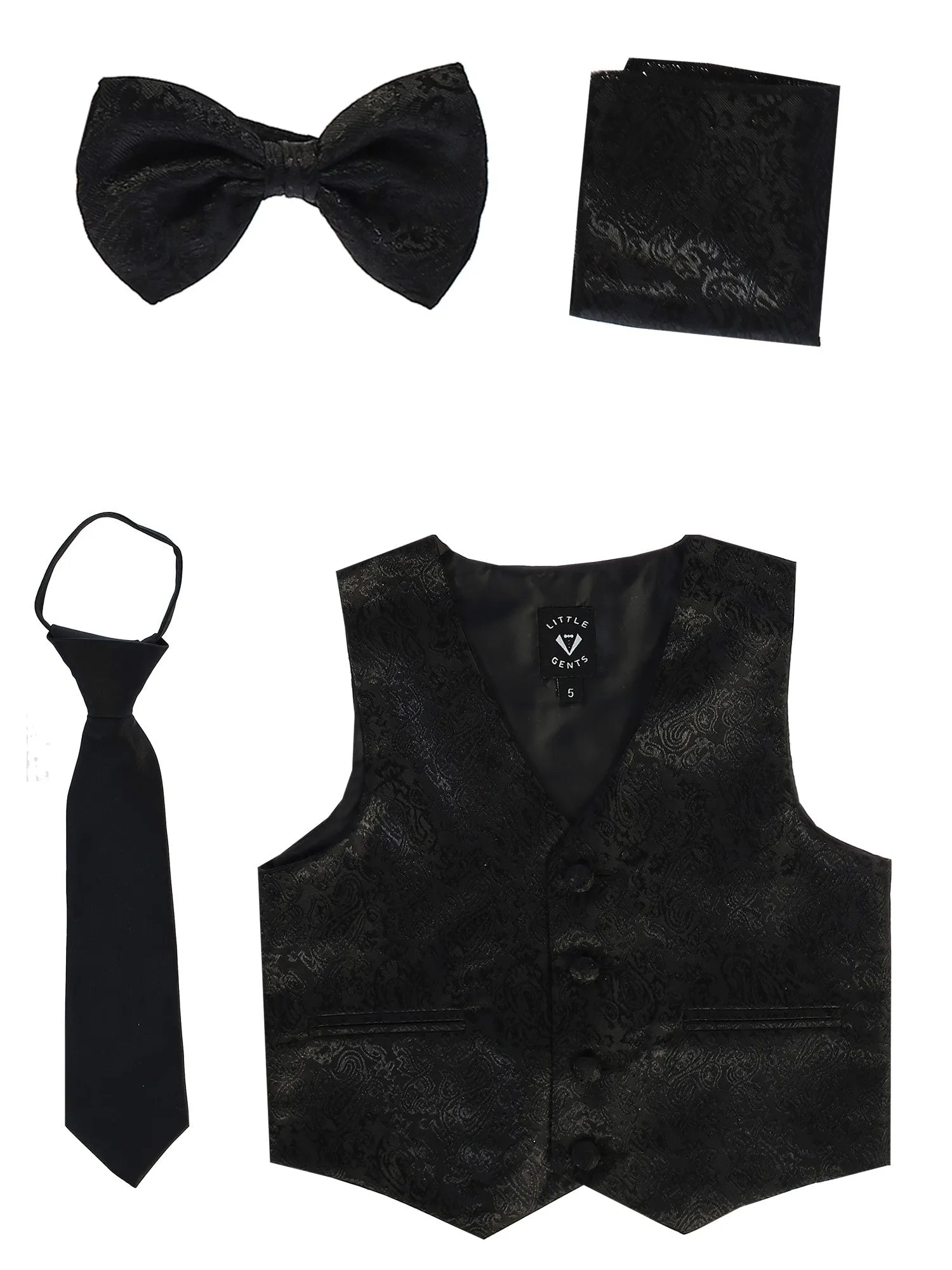 Baby Boys Black Paisley Satin Vest Zipper Tie Hanky Bowtie Set 3-24M