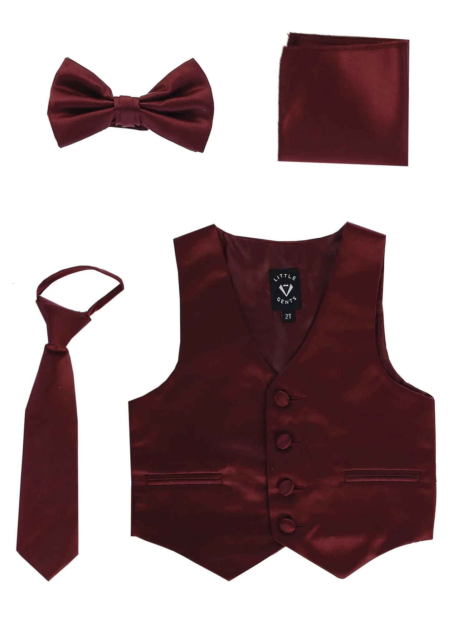 Baby Boys Burgundy Satin Vest Zipper Tie Hanky Bowtie Clothing Set 3-24M