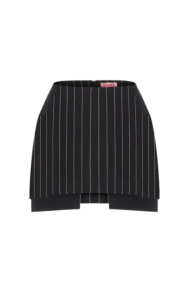 BLACK ASYMMETRICAL PINSTRIPE MINI SKIRT