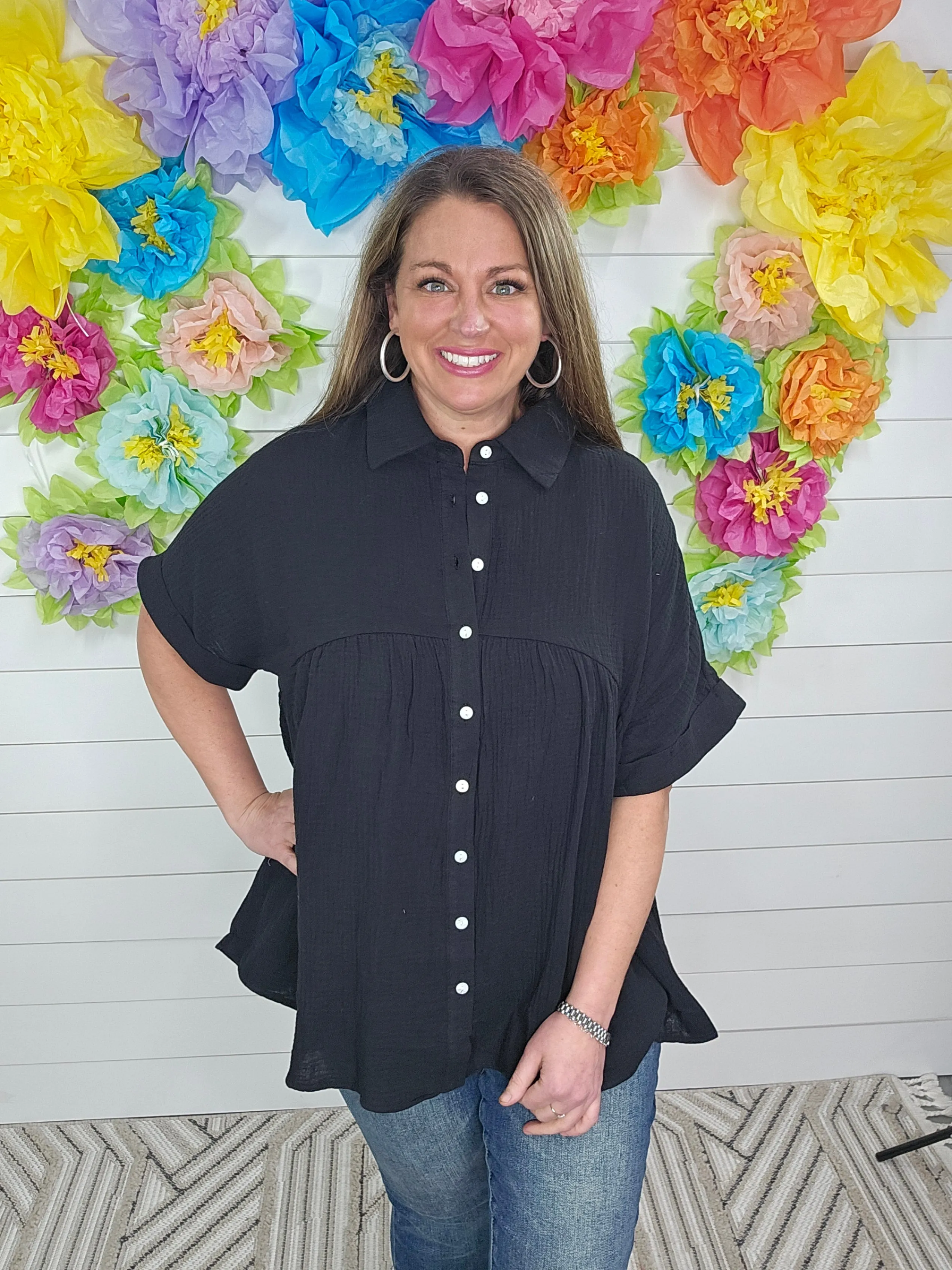 BLACK COTTON GAUZED BUTTON BABYDOLL TUNIC