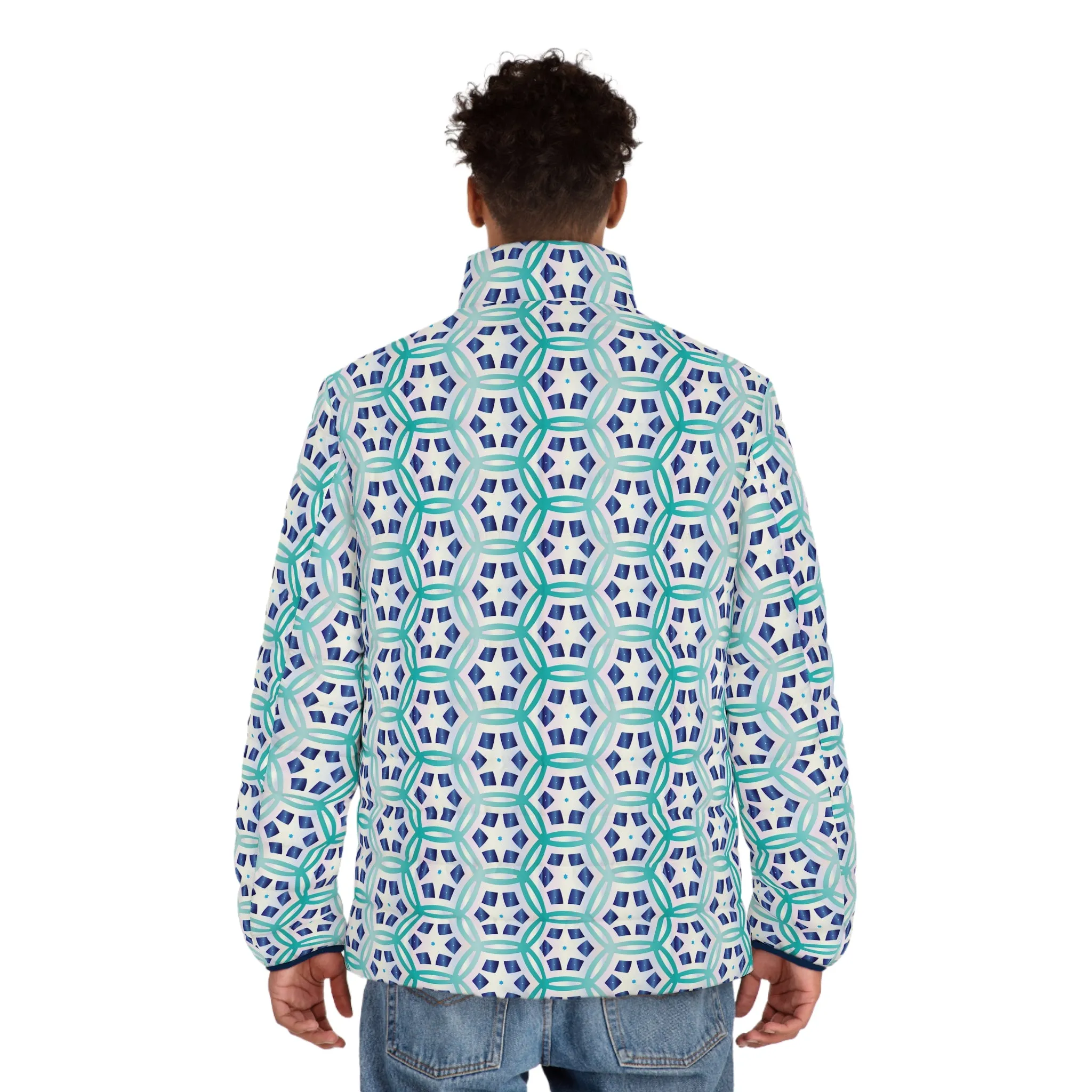 Blue Geometric  Men's Puffer Jacket (AOP)