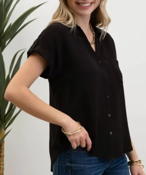 Button Down Top with Short Sleeves - Black