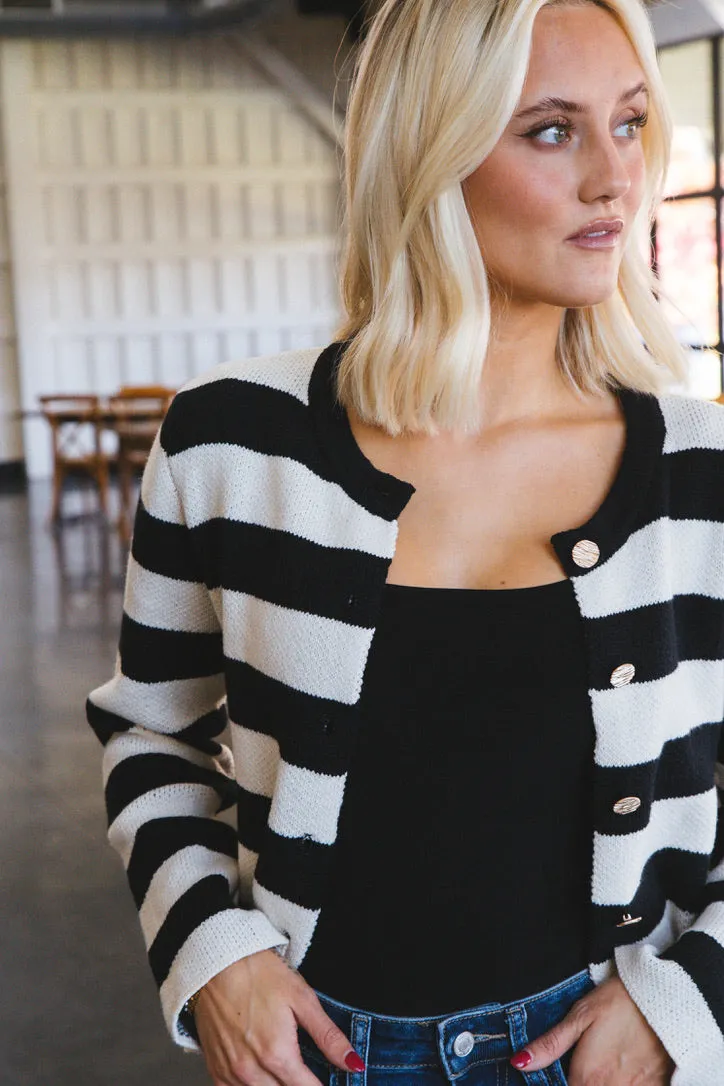 Calliope Stripe Button Down Sweater Crop Jacket, Black