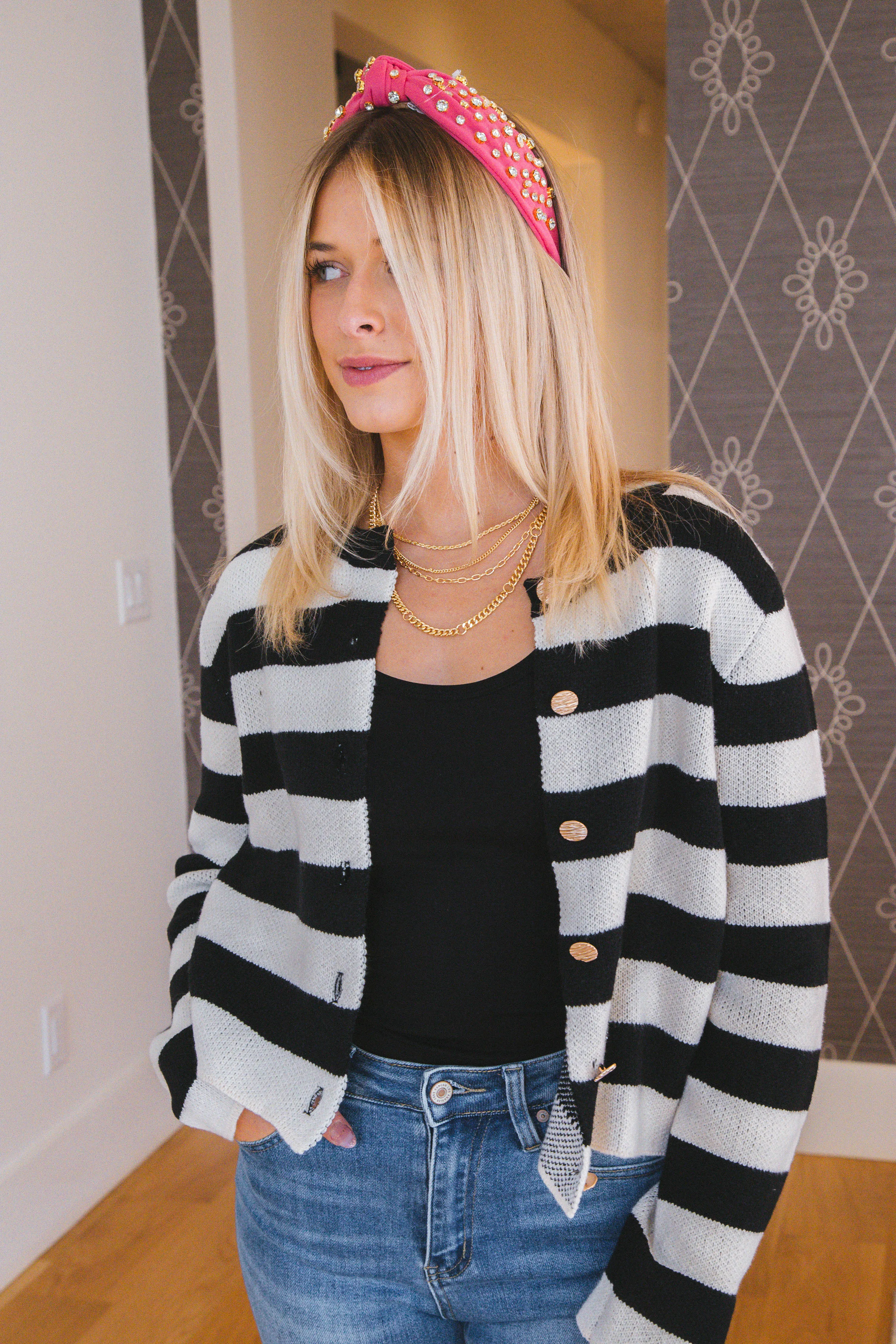 Calliope Stripe Button Down Sweater Crop Jacket, Black