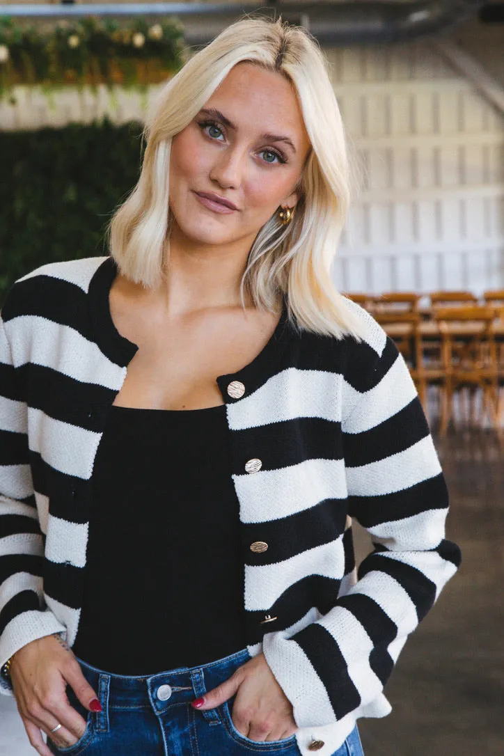 Calliope Stripe Button Down Sweater Crop Jacket, Black