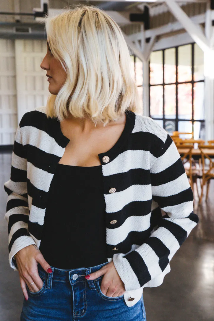 Calliope Stripe Button Down Sweater Crop Jacket, Black