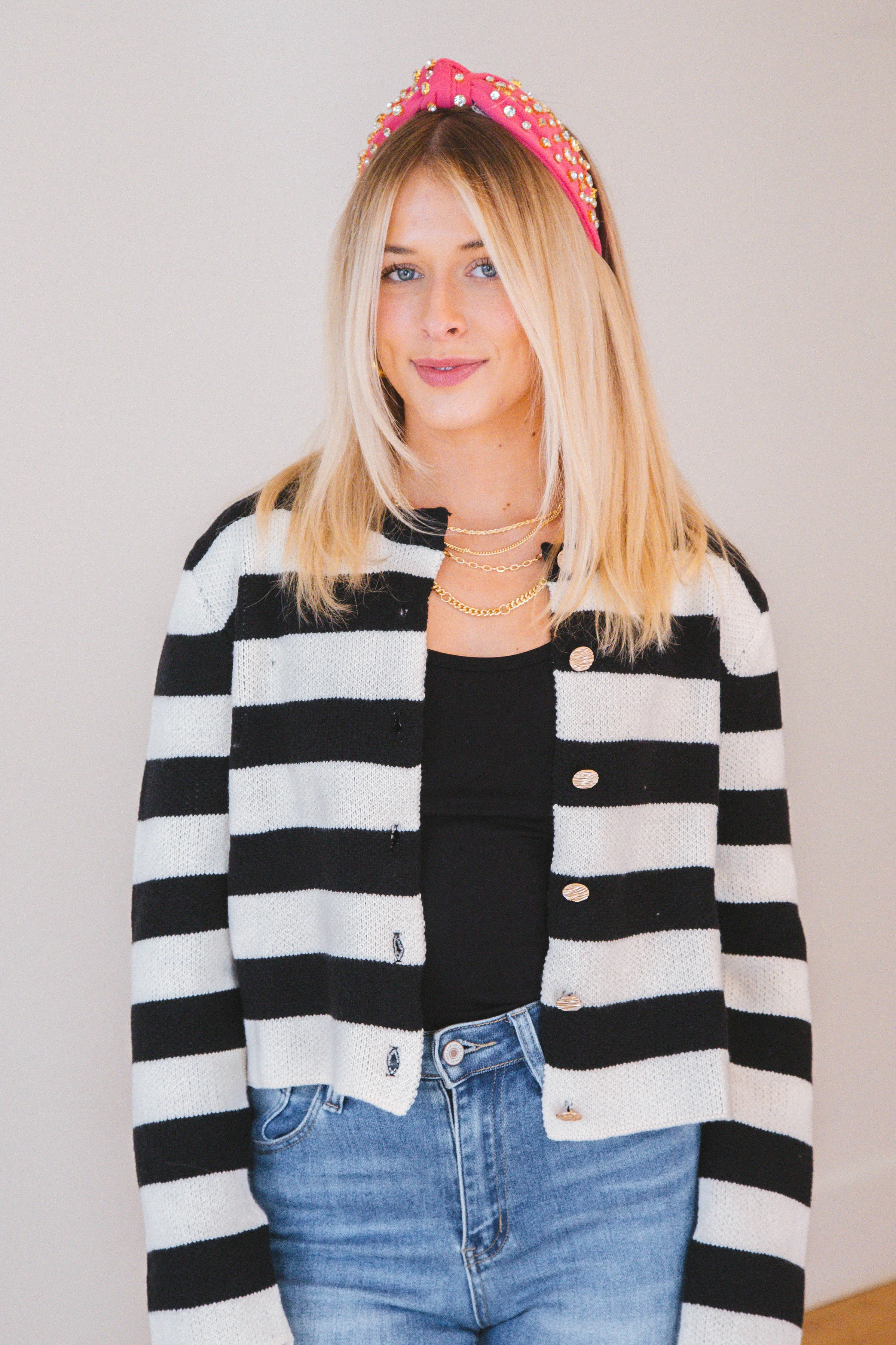 Calliope Stripe Button Down Sweater Crop Jacket, Black