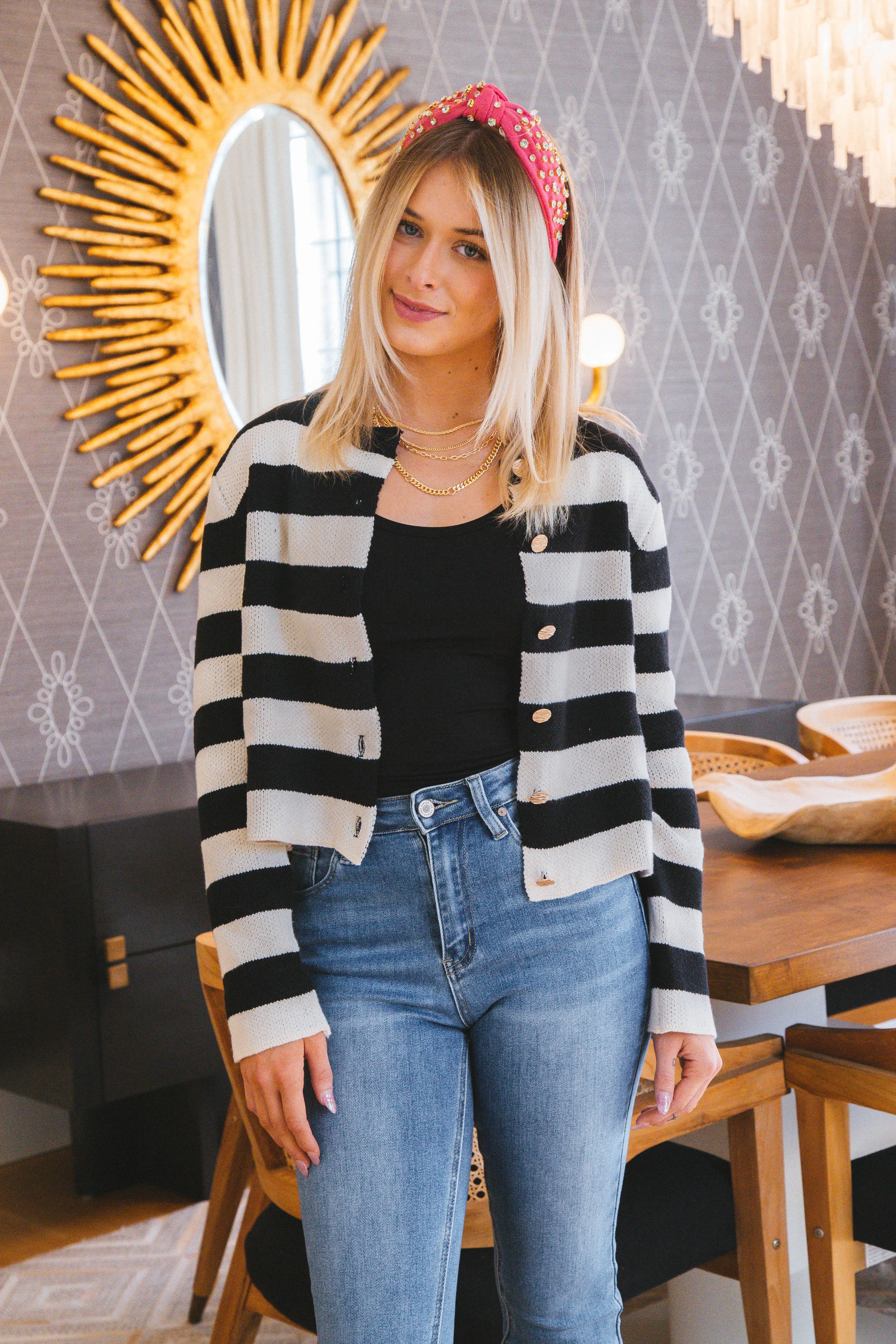 Calliope Stripe Button Down Sweater Crop Jacket, Black