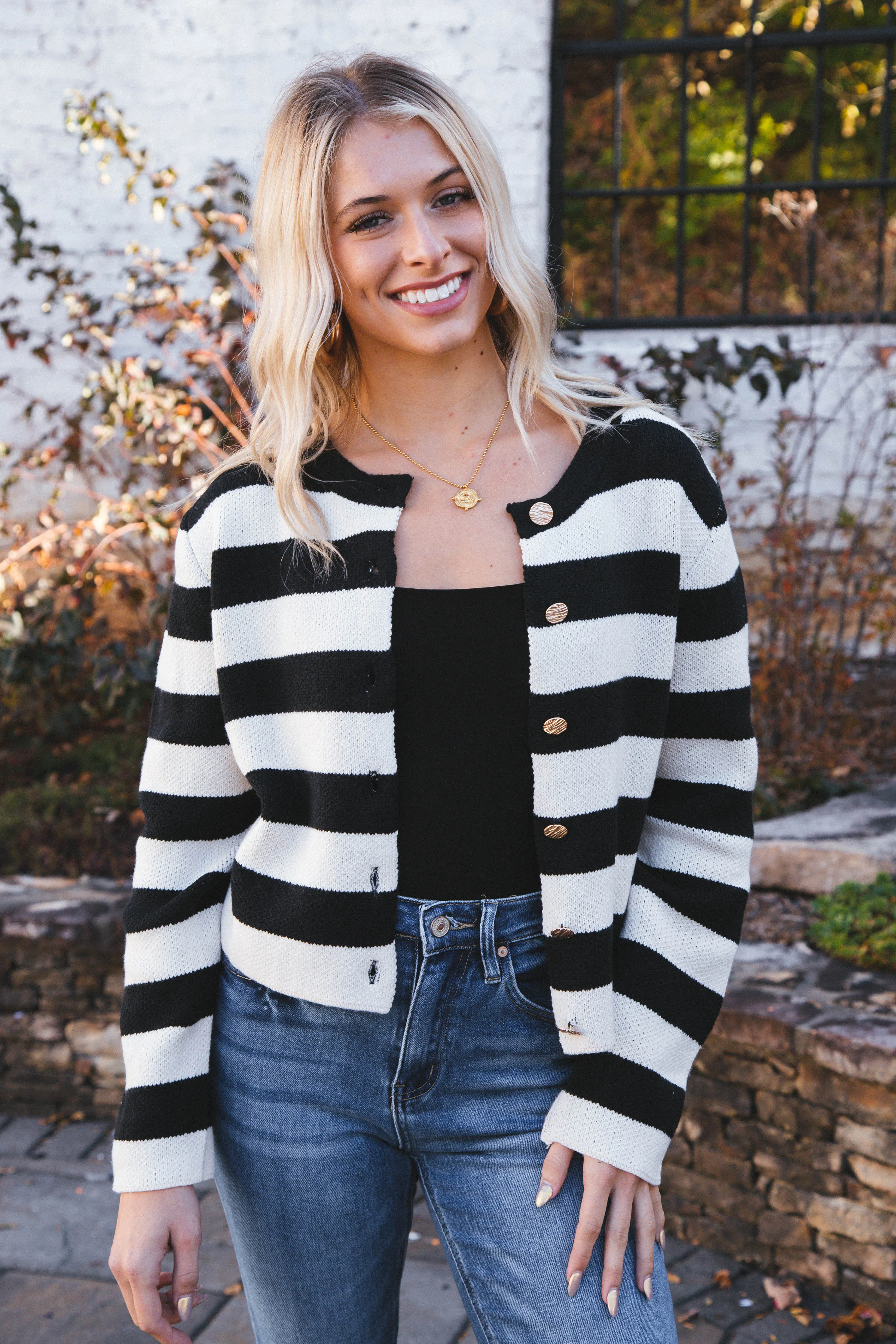 Calliope Stripe Button Down Sweater Crop Jacket, Black