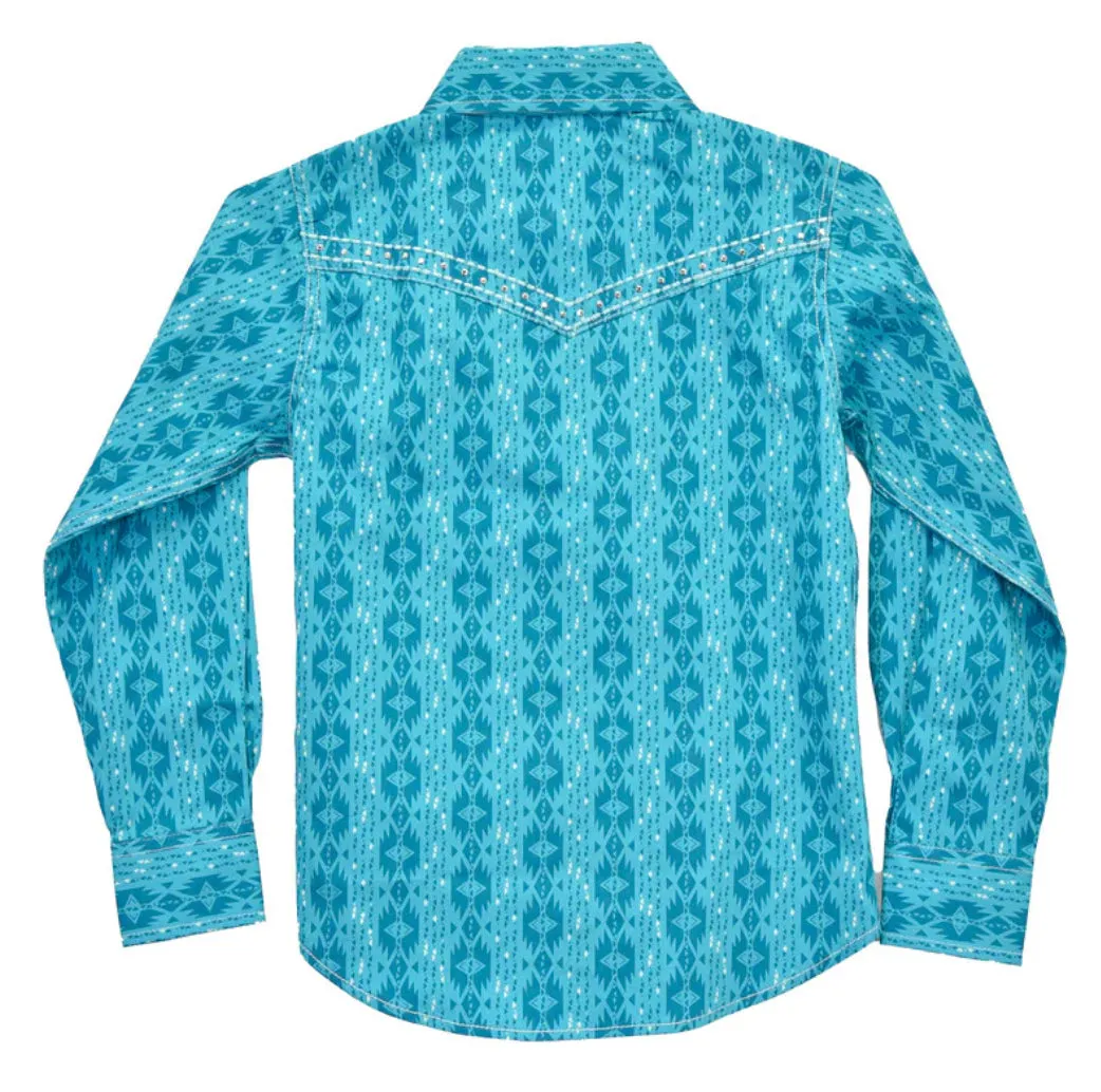 Cowgirl Hardware Girl's Shades of Teal Aztec Long Sleeve Western Shirt