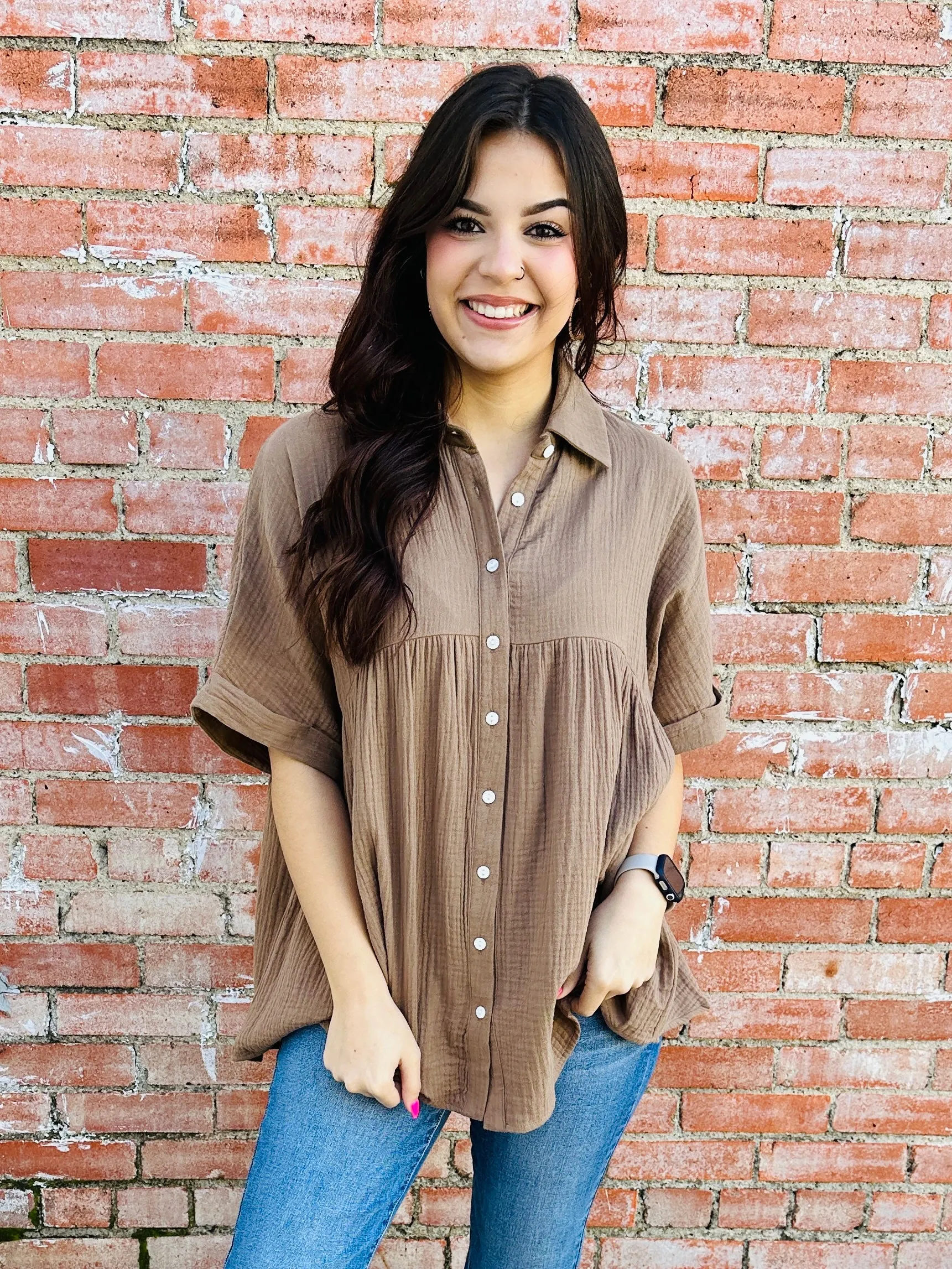 Distracted By You Button Down Babydoll Top  Mocha