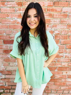 Distracted By You Button Down Babydoll Top  Sage Green