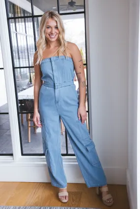 Elia Strapless Cargo Jumpsuit, Denim