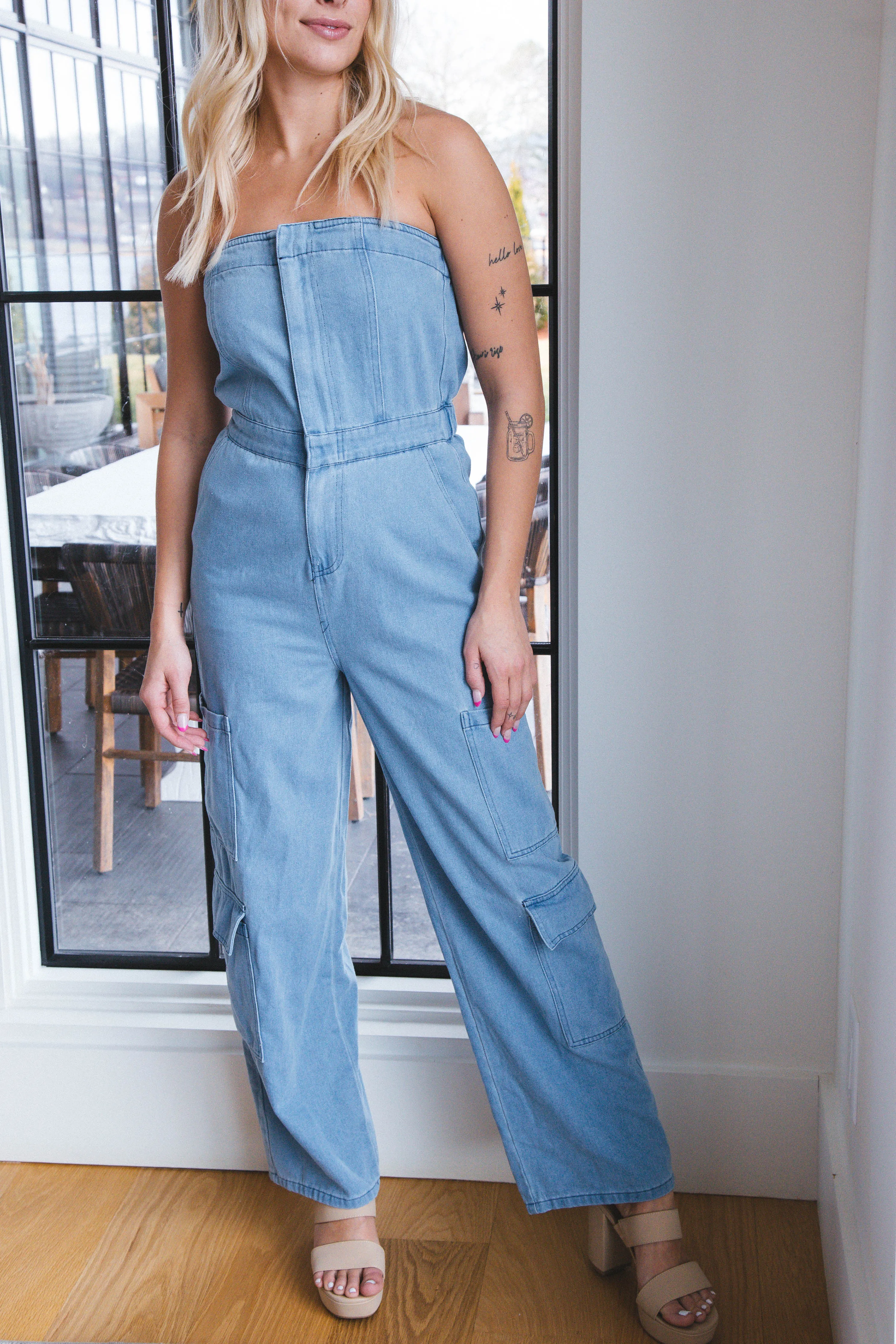 Elia Strapless Cargo Jumpsuit, Denim