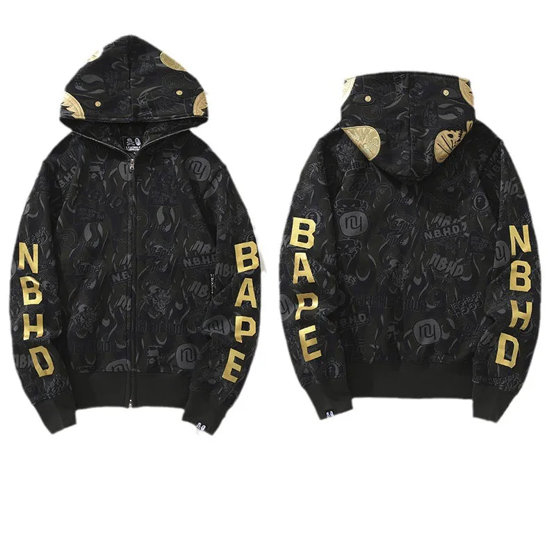 Golden Letters Ape Shark Camo Hoodie Full Zipper Jacket