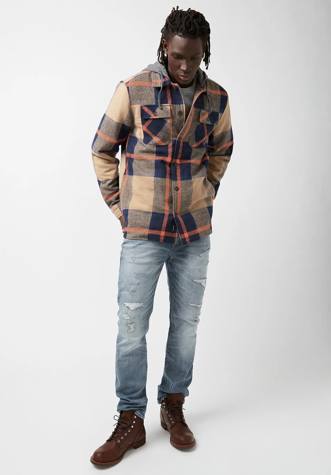 Jiref Men’s Shacket in Tan & Navy Plaid - BM24048