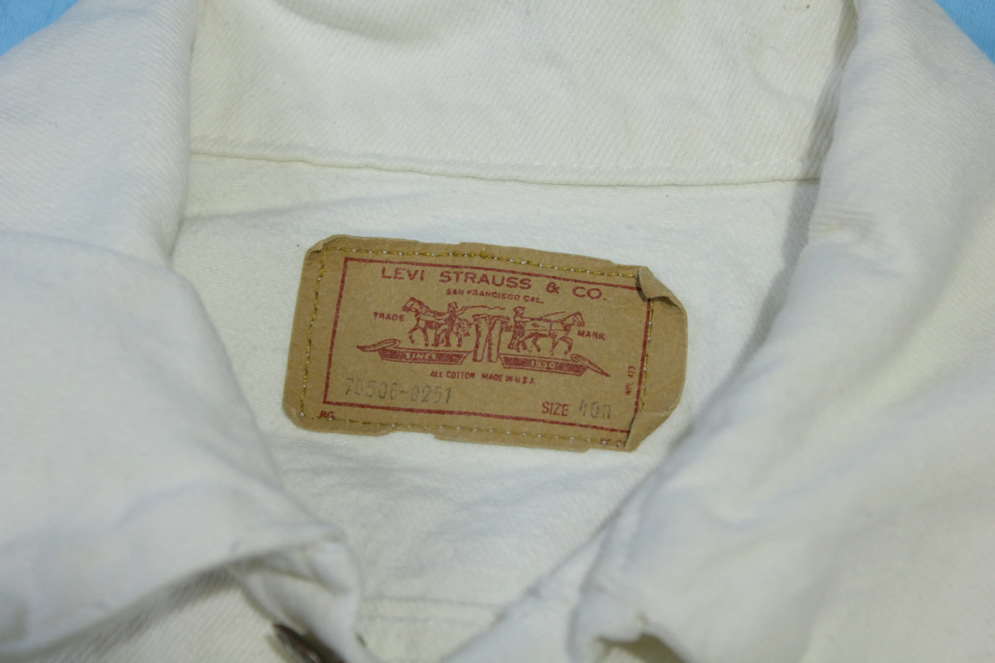 Levis 70506-0251 WPL 423 Vintage 80's Made in USA Cocaine White Denim Jean Jacket