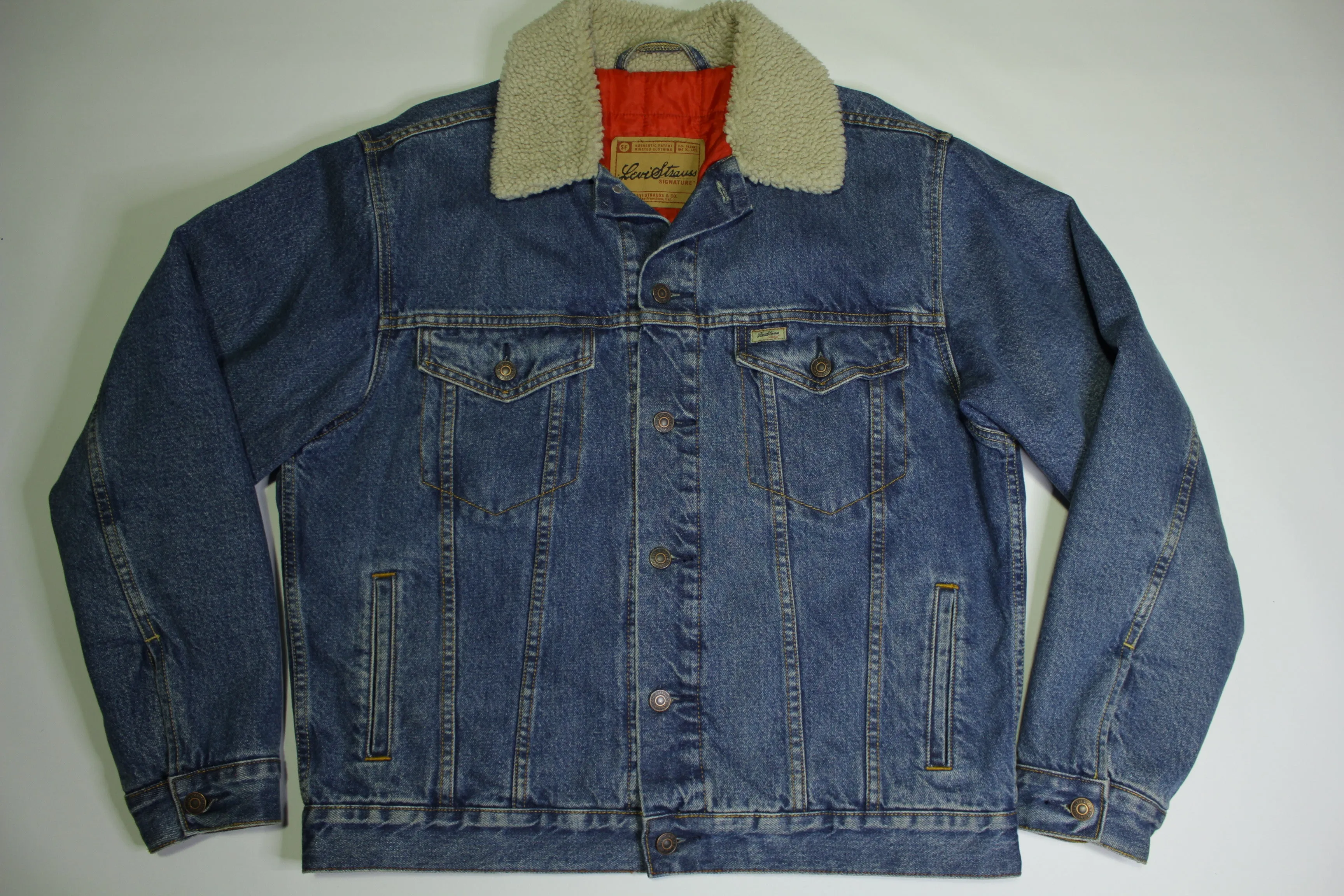 Levis Red Quilt Lined Signature Strauss Sherpa Collar Denim Trucker Jean Jacket