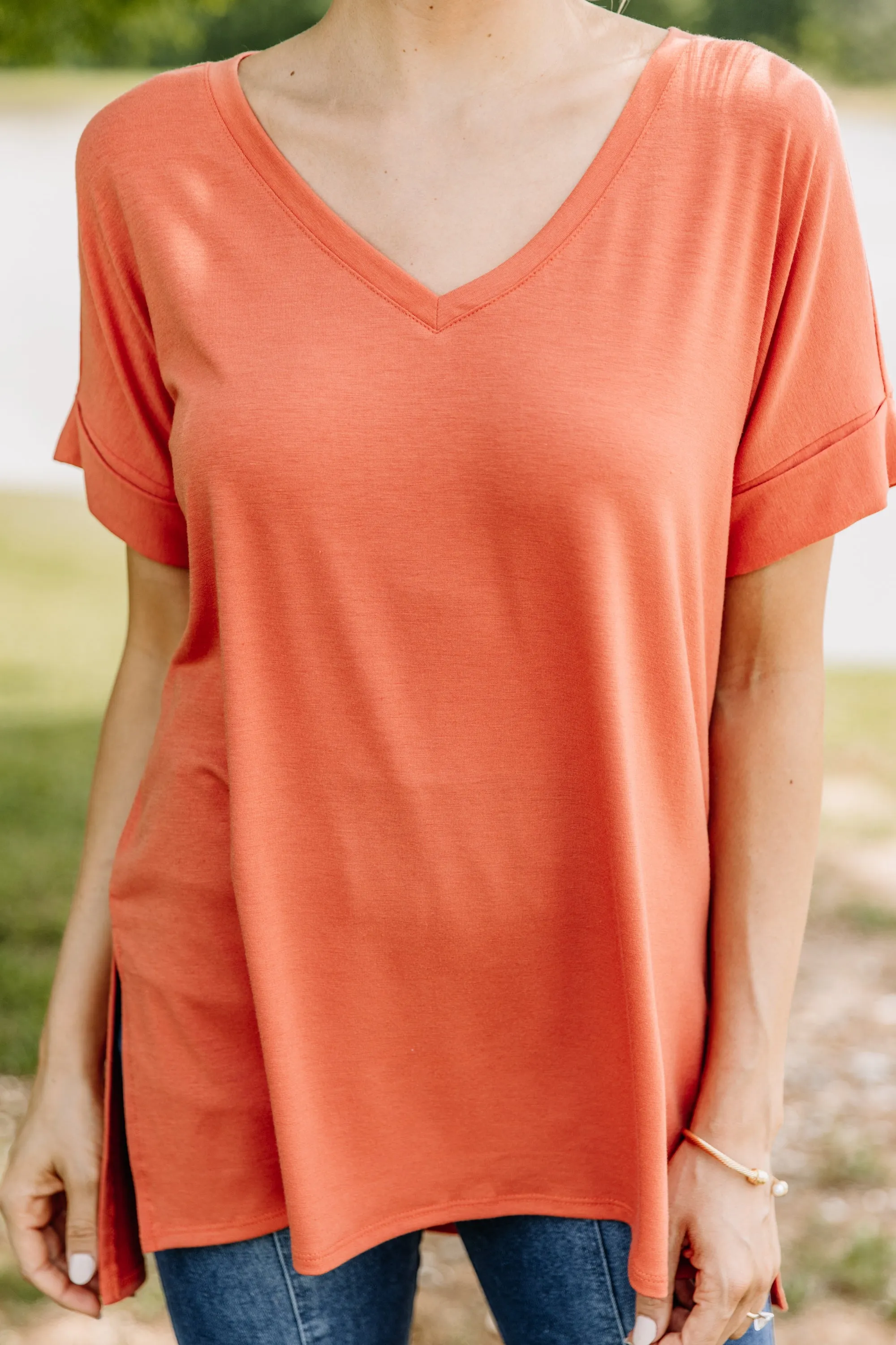 Make Your Life Easy Ash Copper Orange V-neck Top