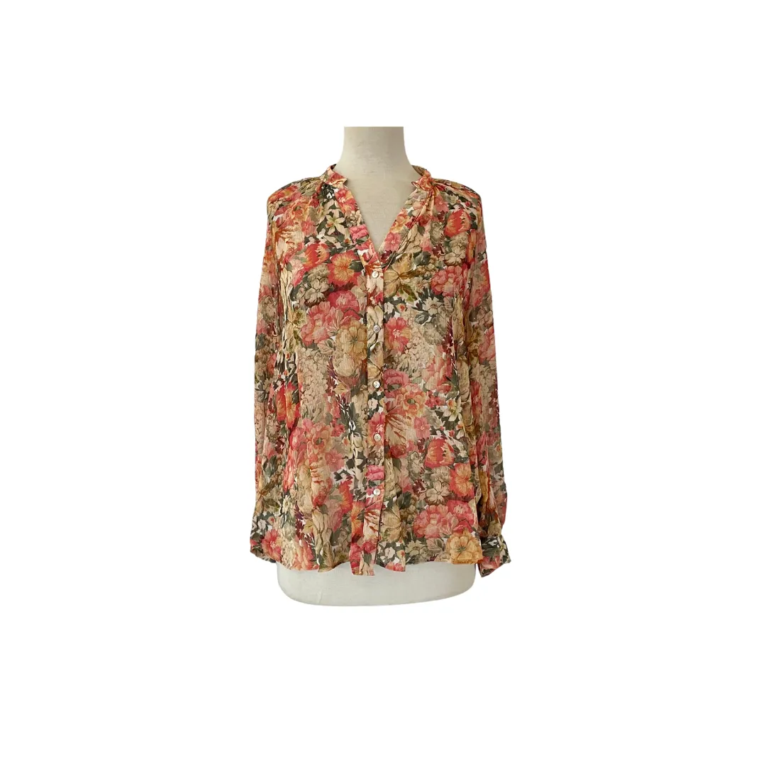 Mango Floral Printed Sheer Button-down Blouse | Gently Used |