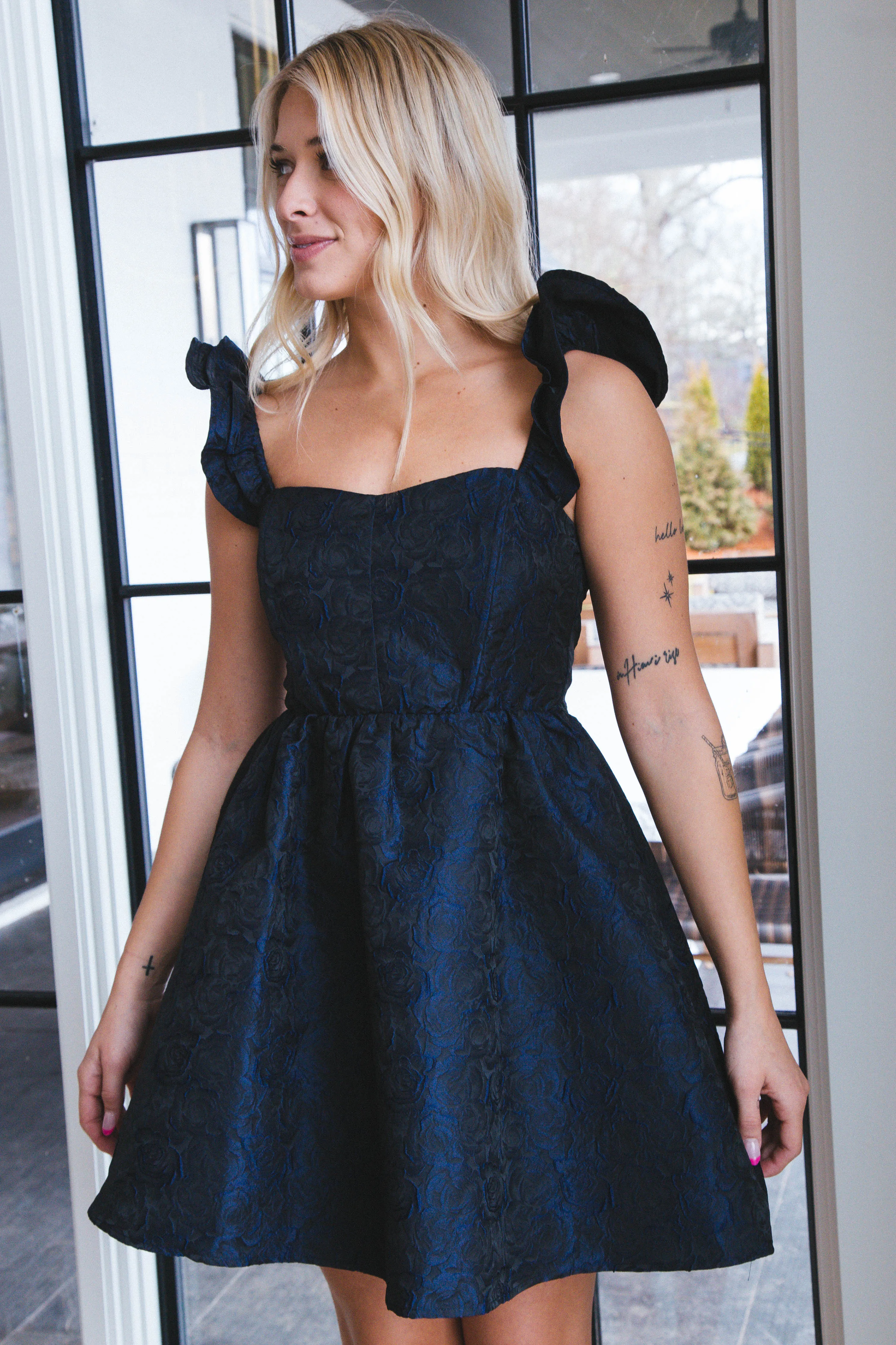 Nyomi Sweetheart Jacquard Dress, Navy