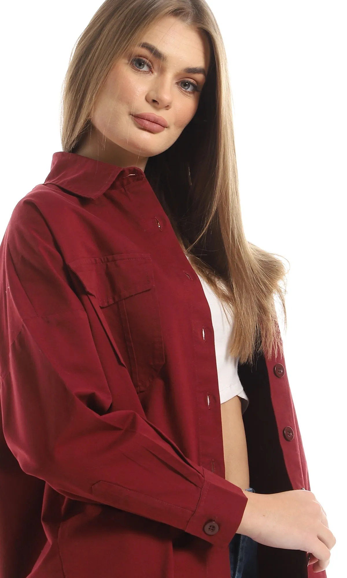 O155944 Casual Over Sized Long Sleeved Button Down Shirt - Dark Red