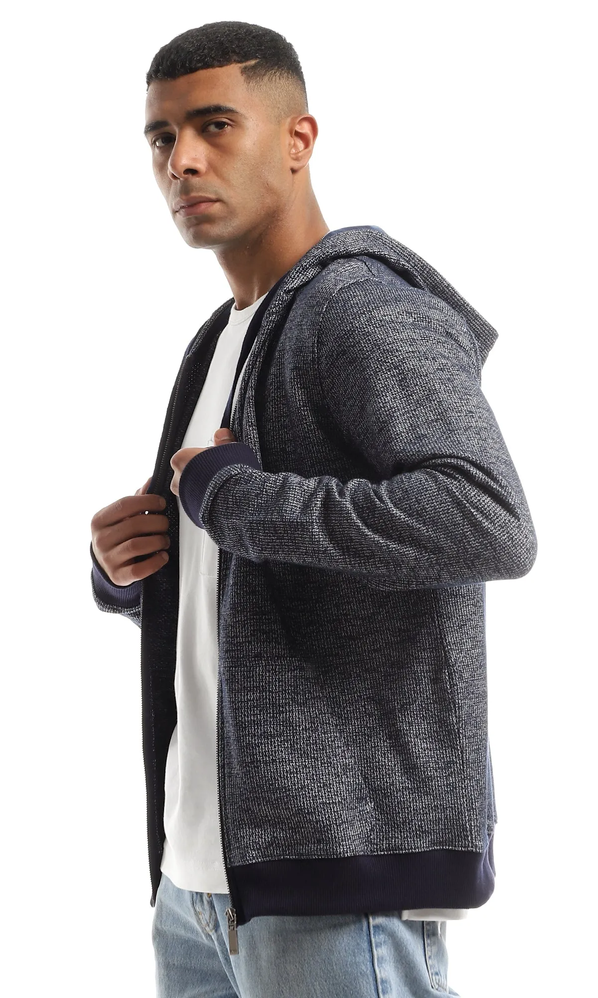 O156835 Self Patterned Lightweight Hoodie With Full Zipper - Navy