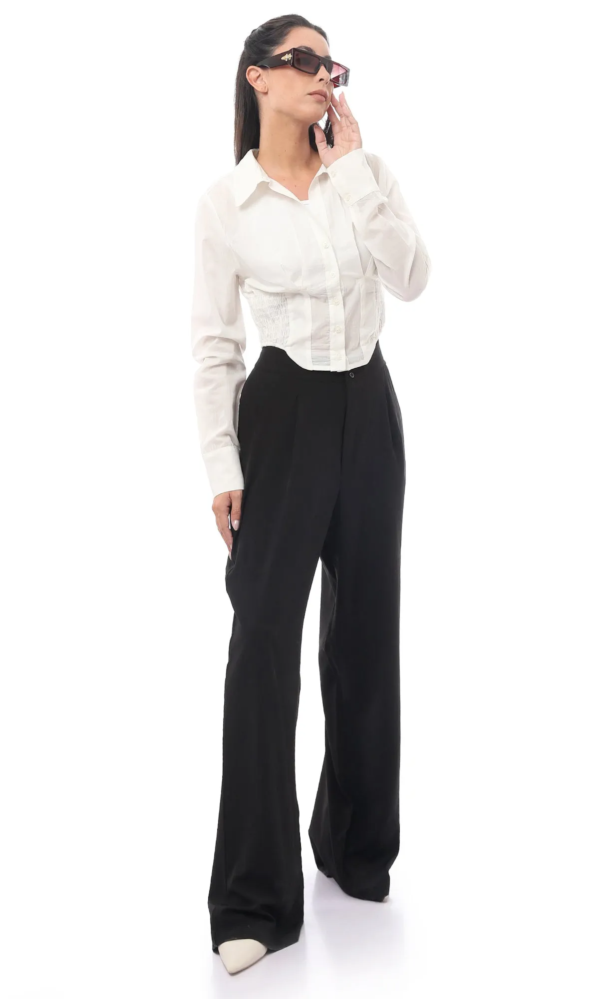 O170002 Fly Zipper Buttoned Black Polyester Trousers