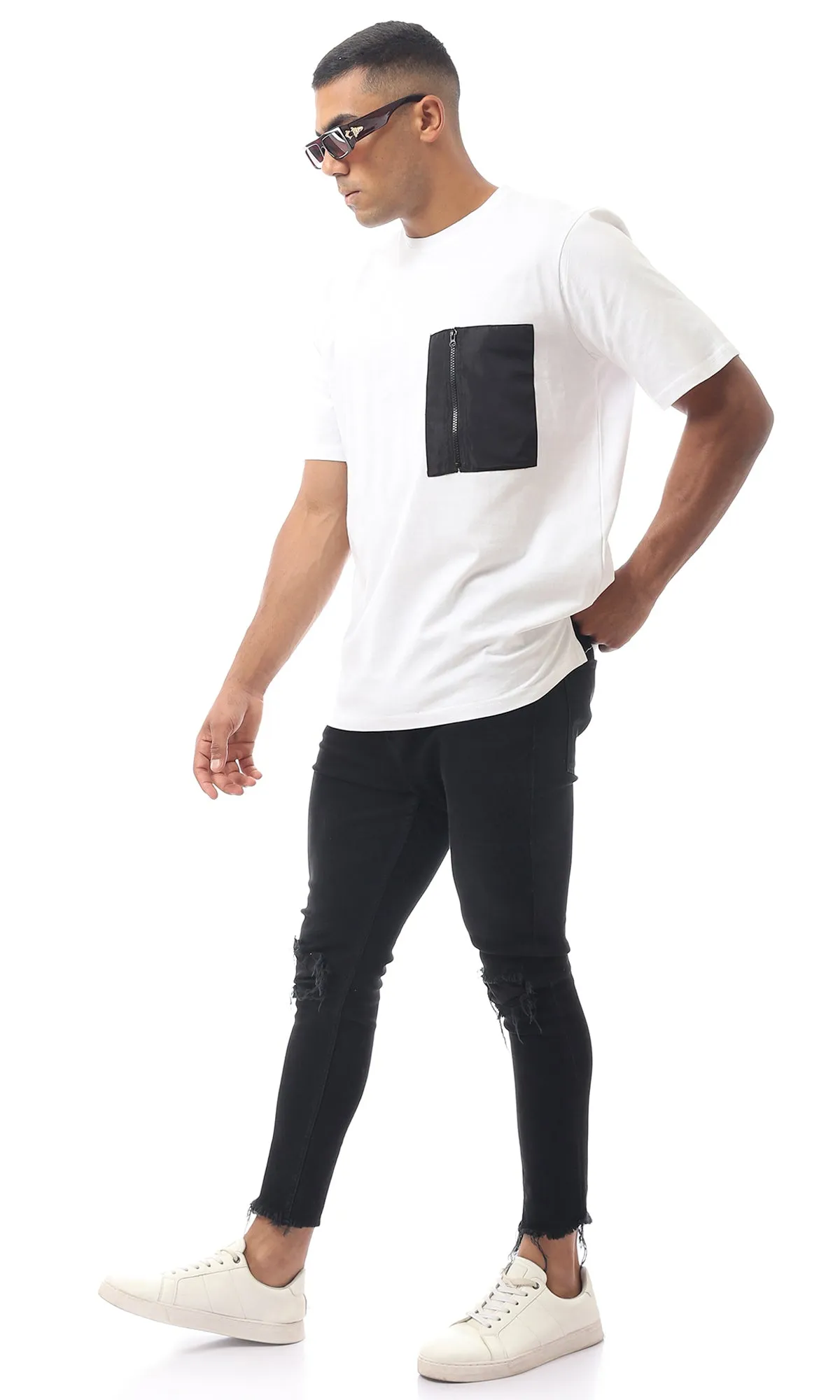 O170304 White Slip On Tee With Pocket & Zipper