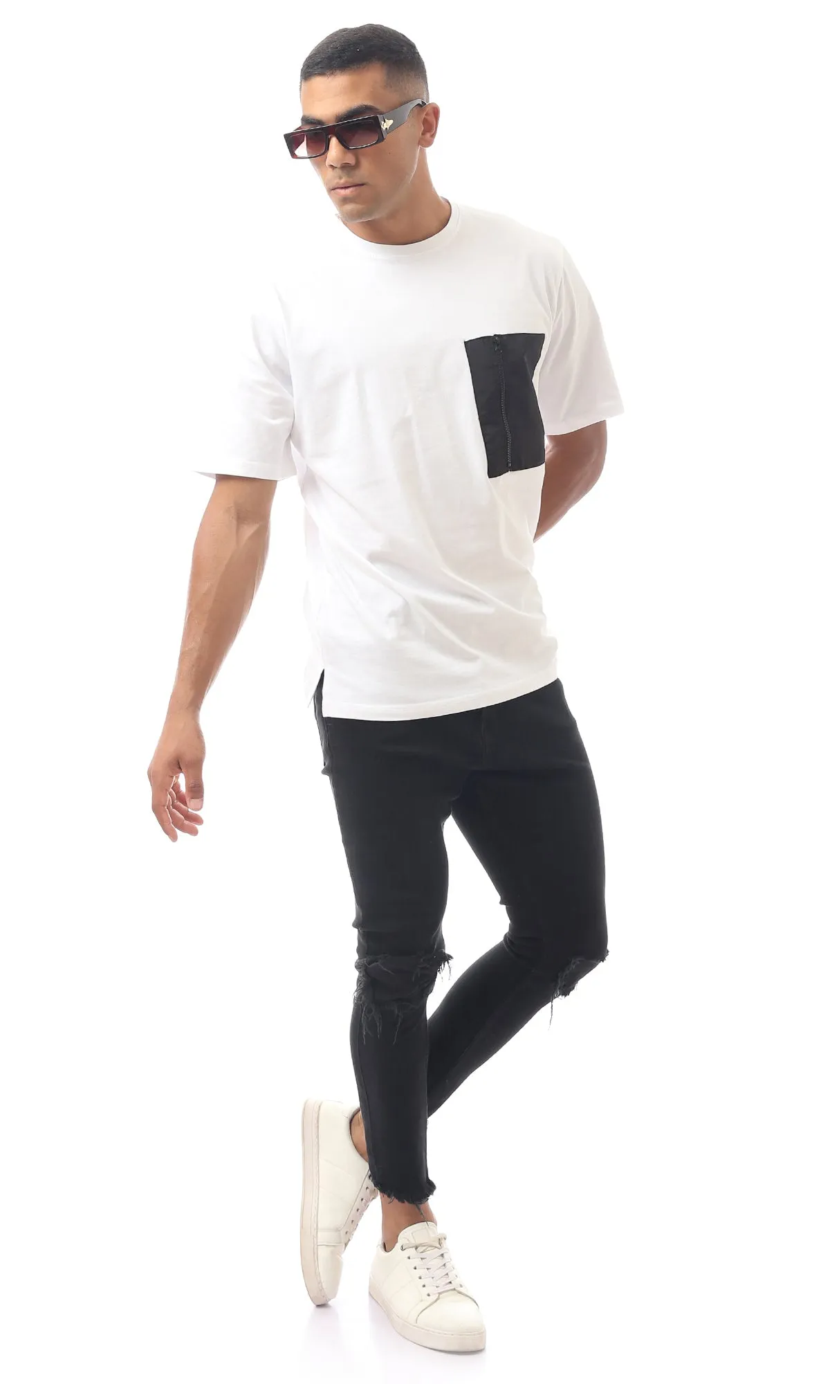 O170304 White Slip On Tee With Pocket & Zipper