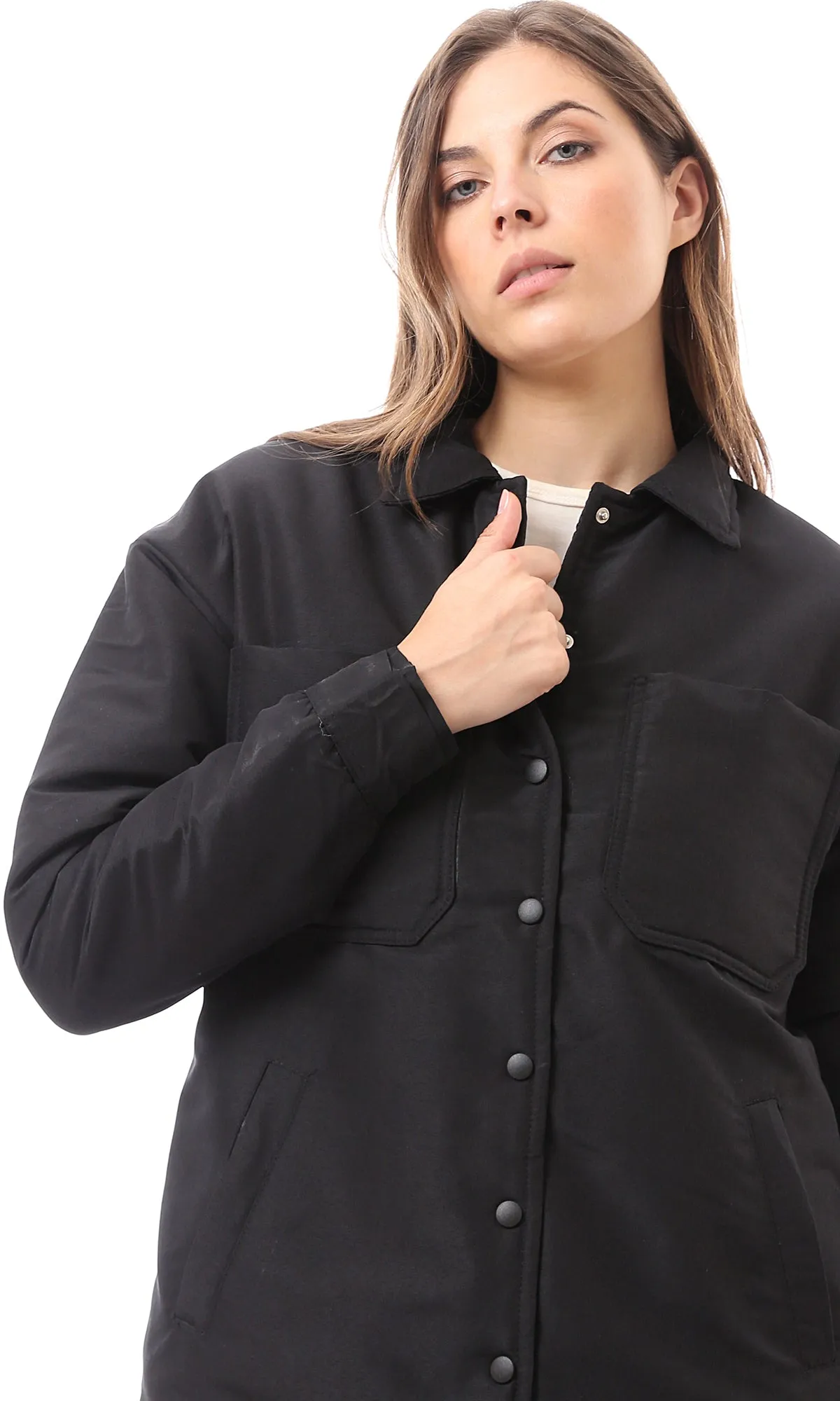 O171919 Long Sleeves Black Long Jacket With Snap Buttons