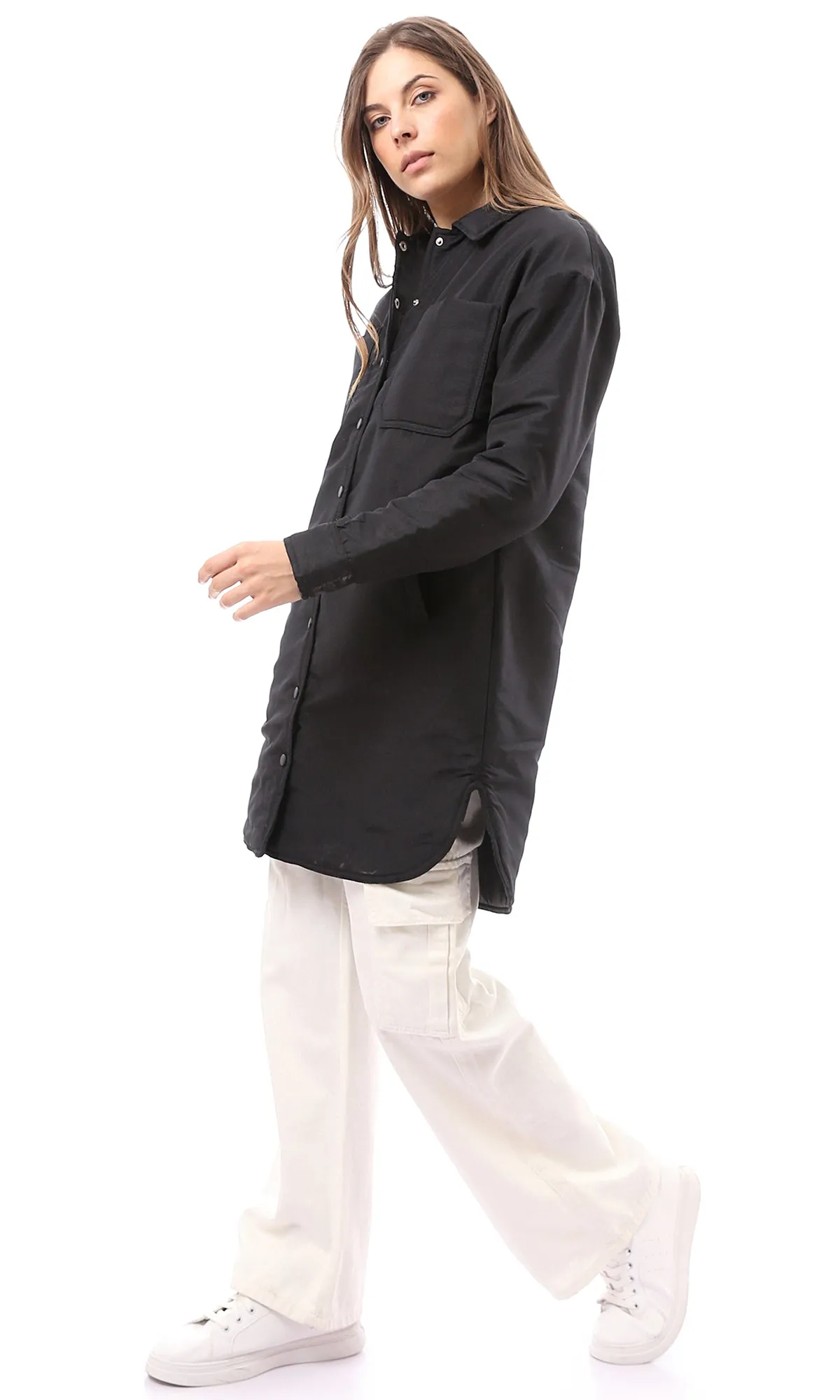 O171919 Long Sleeves Black Long Jacket With Snap Buttons